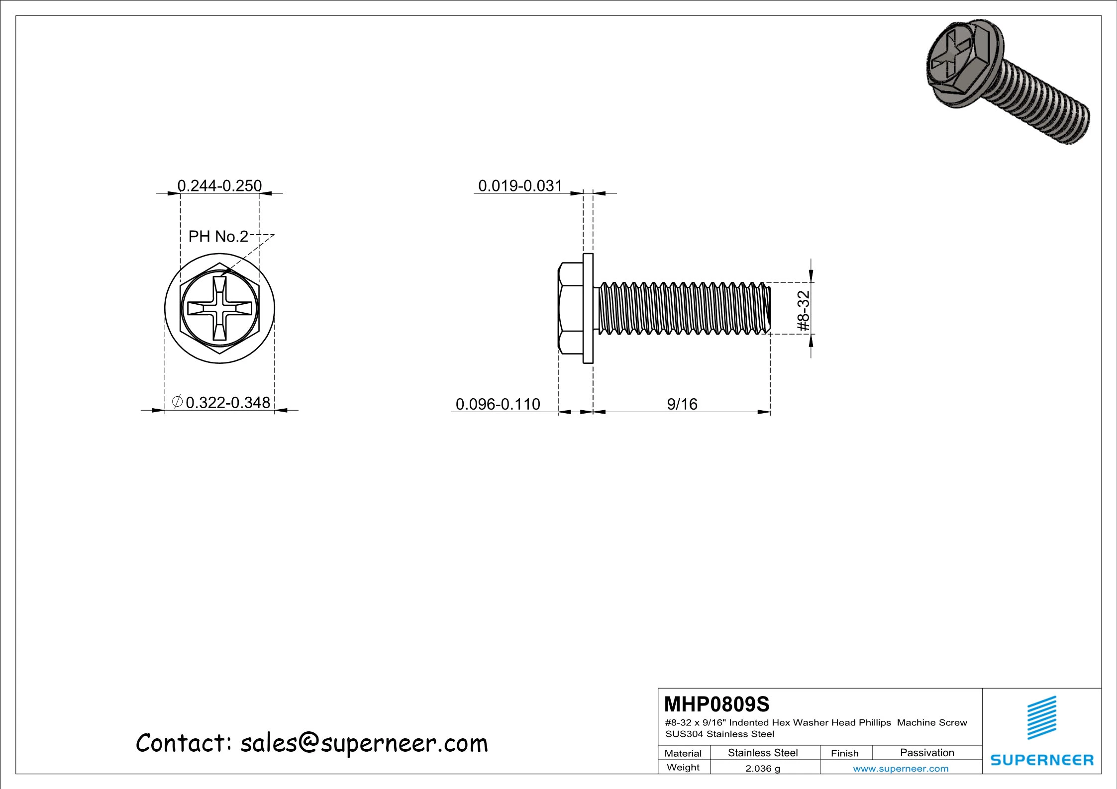 8-32 x 9/16&ldquo; Indented Hex Washer Head Phillips Machine Screw SUS304 Stainless Steel Inox