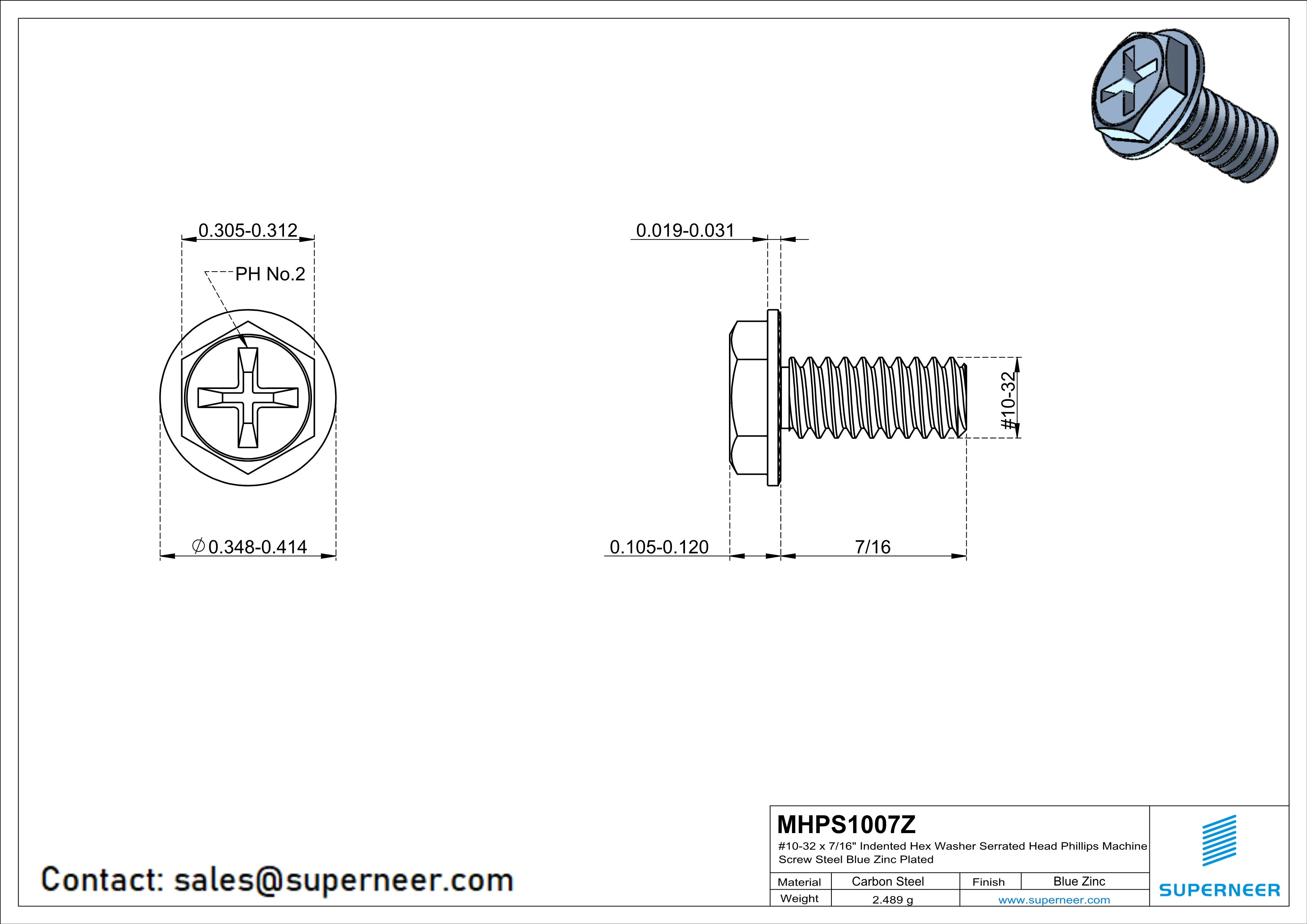 10-32 x 7/16&ldquo; Indented Hex Washer Serrated Head Phillips Machine Screw Steel Blue Zinc Plated