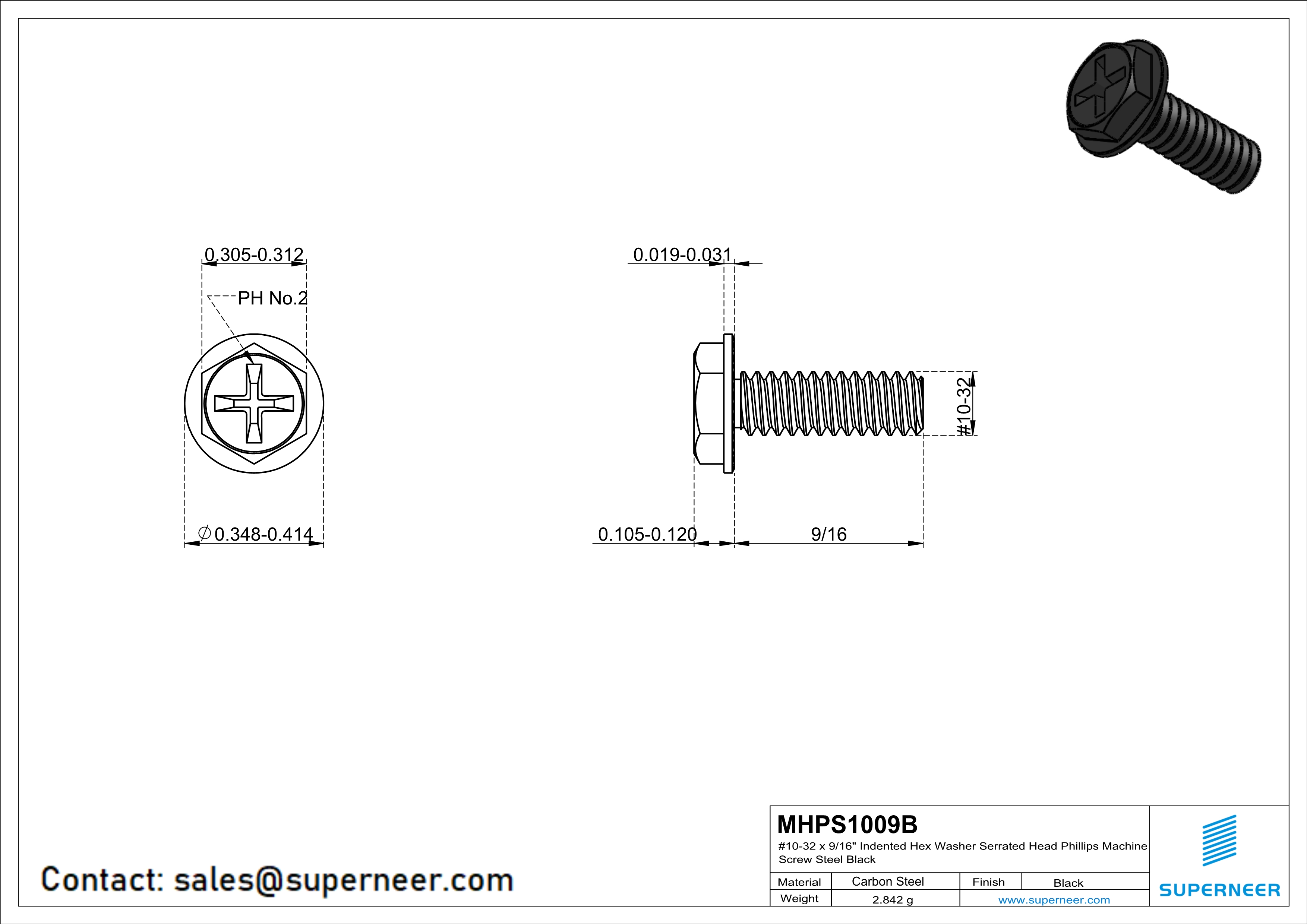 10-32 x 9/16&ldquo; Indented Hex Washer Serrated Head Phillips Machine Screw Steel Black