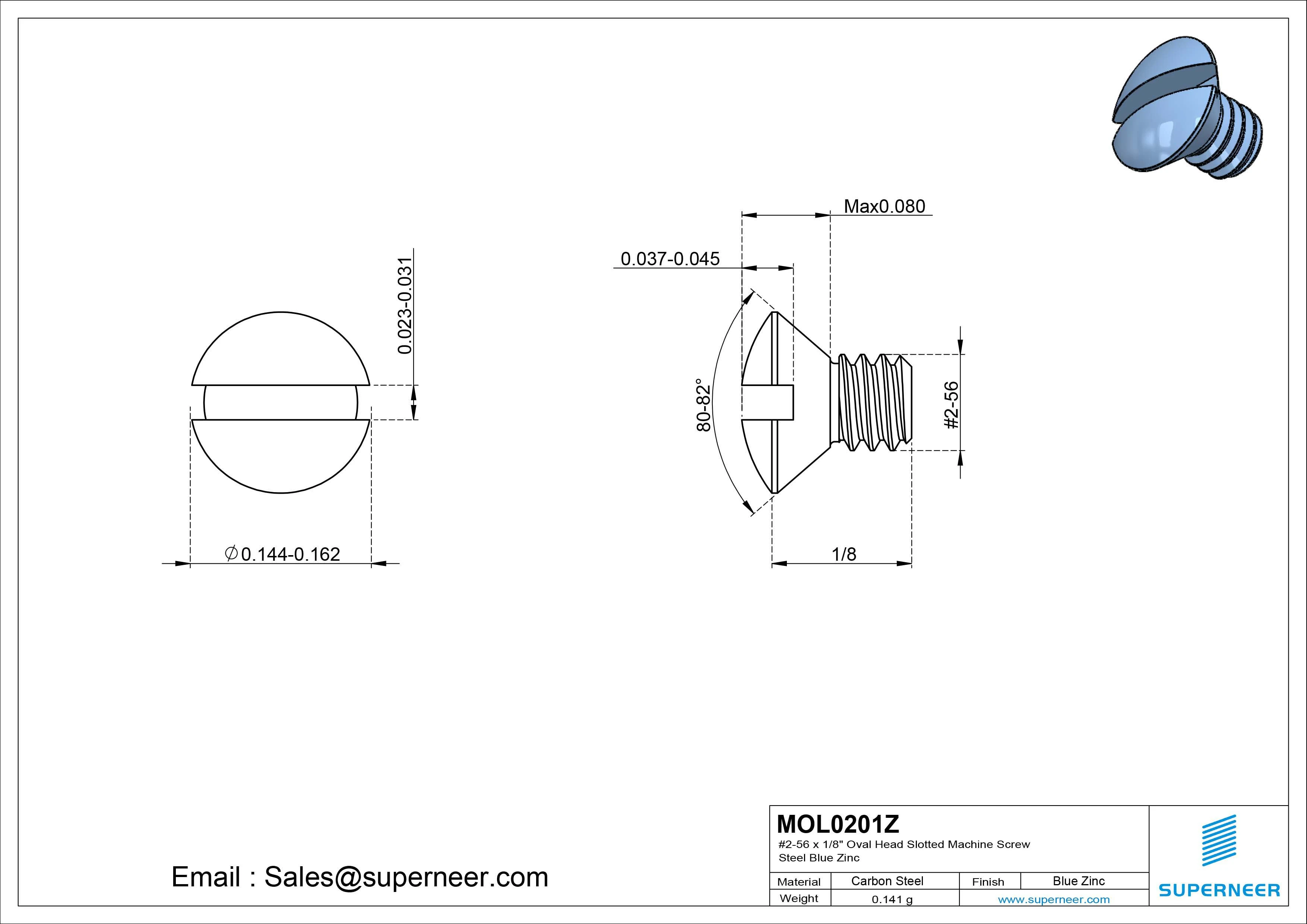 2-56 x 1/8" Oval Head Slotted Machine Screw Steel Blue Zinc Plated