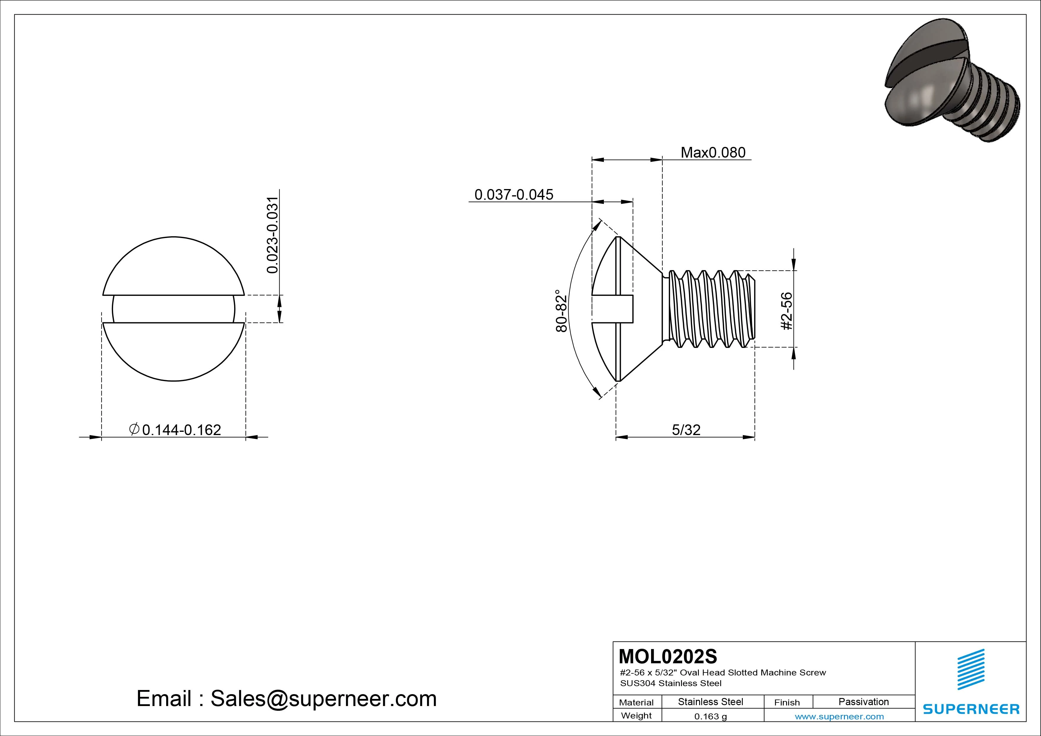 2-56 x 5/32" Oval Head Slotted Machine Screw SUS304 Stainless Steel Inox