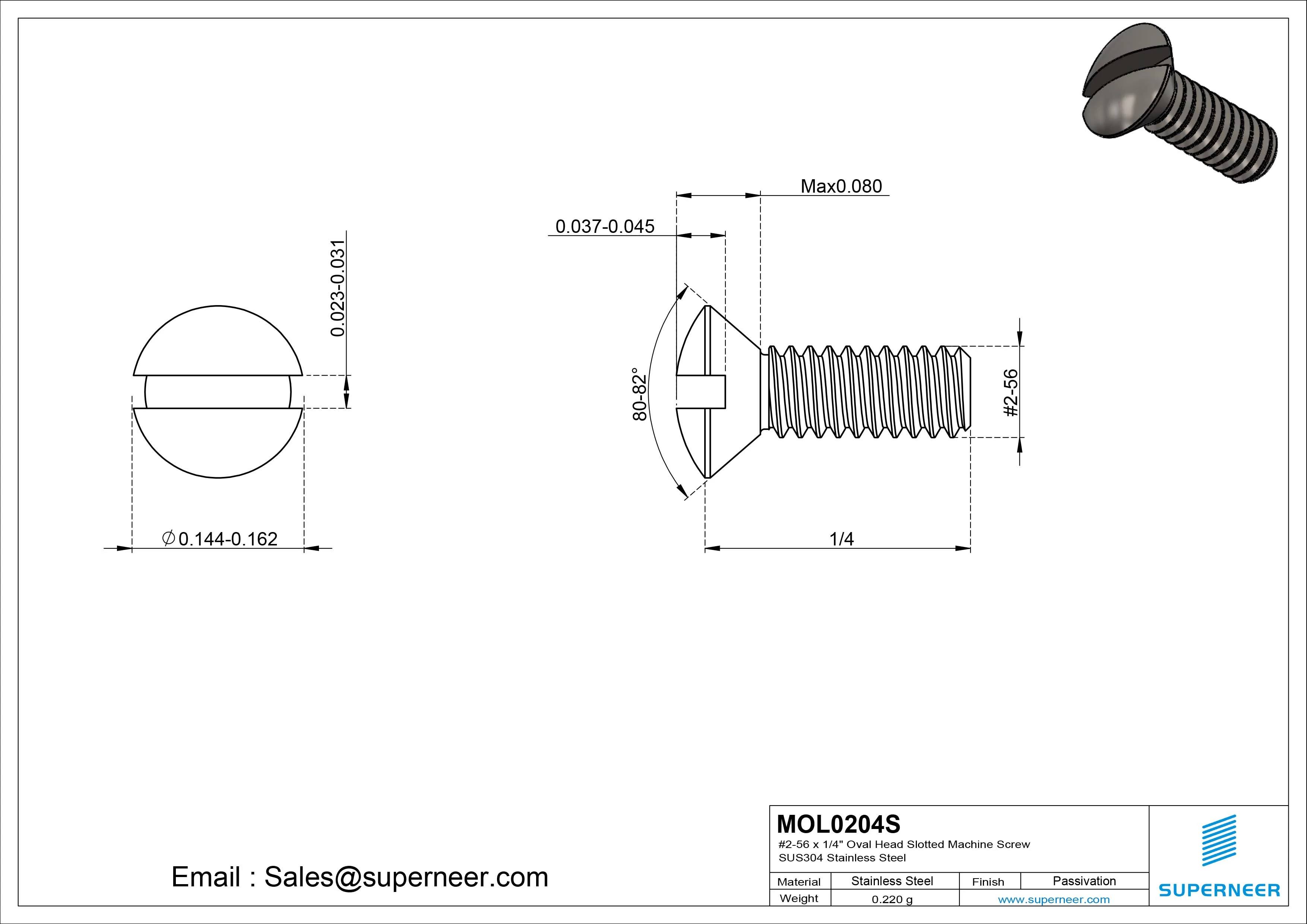 2-56 x 1/4" Oval Head Slotted Machine Screw SUS304 Stainless Steel Inox