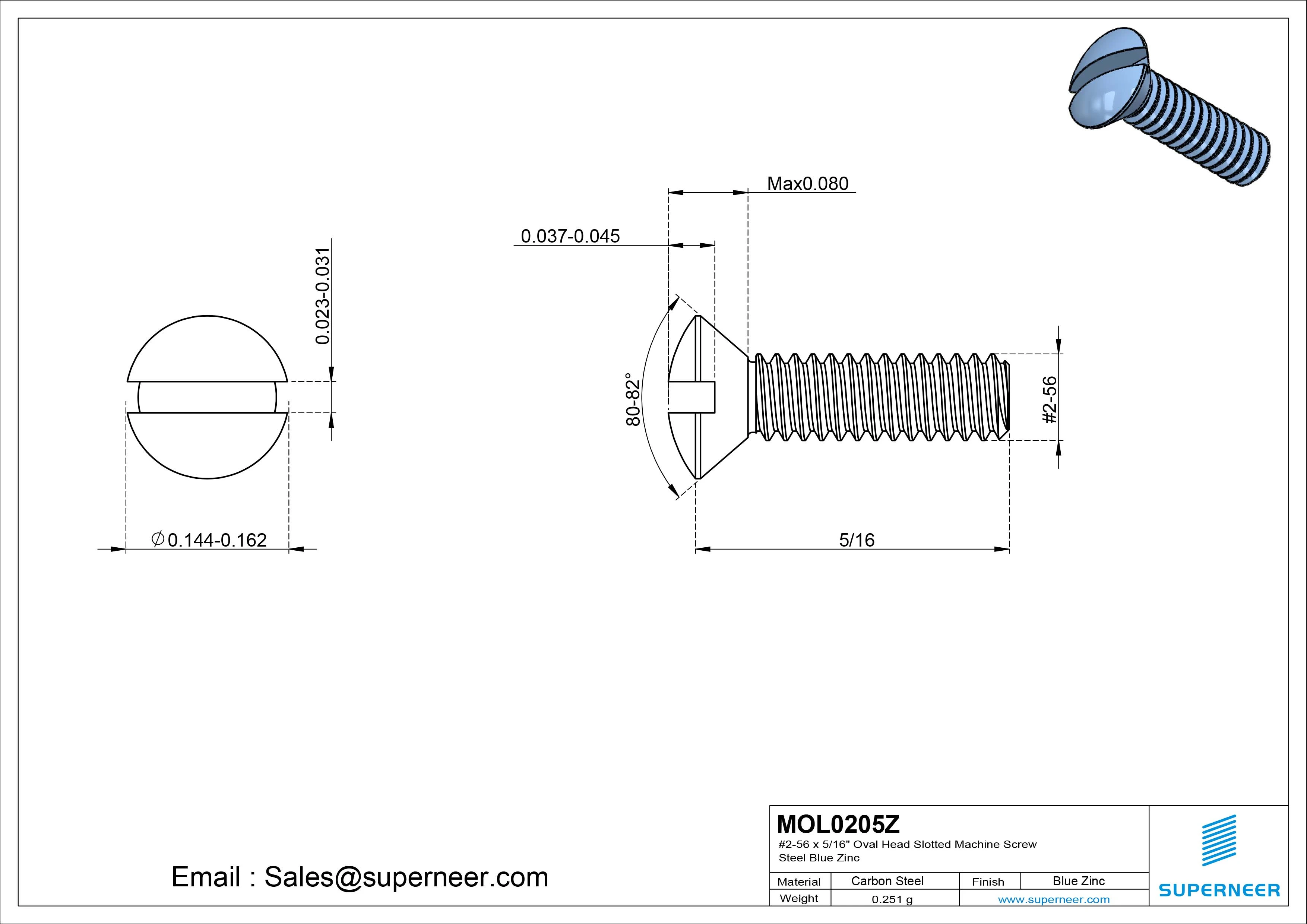 2-56 x 5/16" Oval Head Slotted Machine Screw Steel Blue Zinc Plated