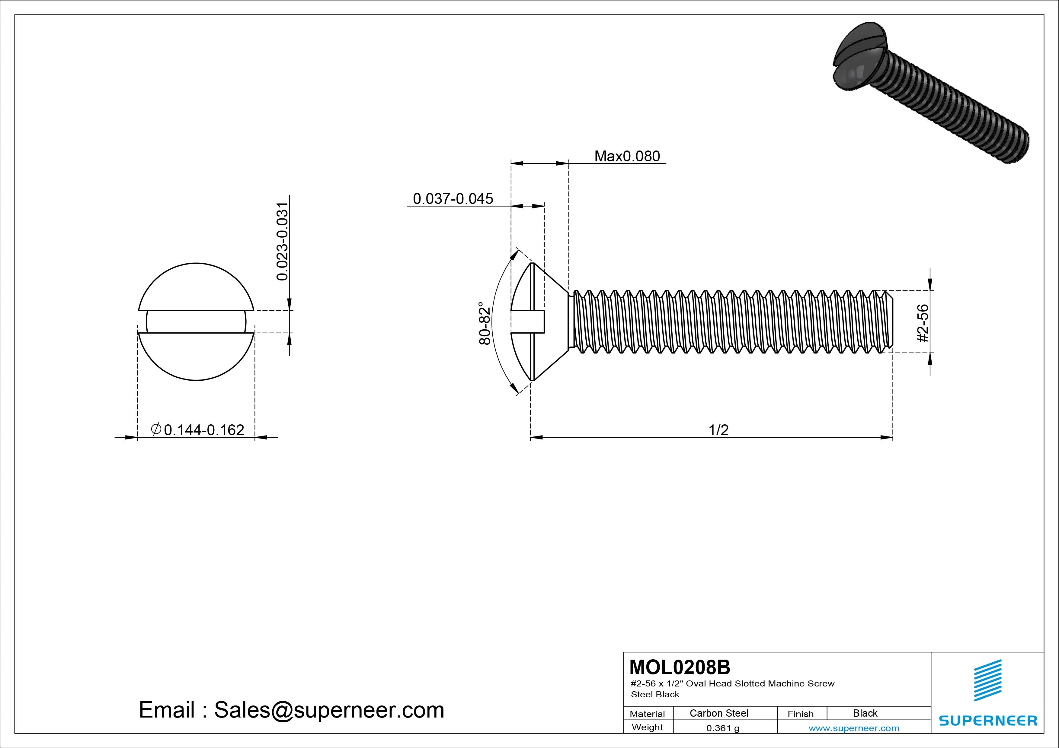 2-56 x 1/2" Oval Head Slotted Machine Screw Steel Black
