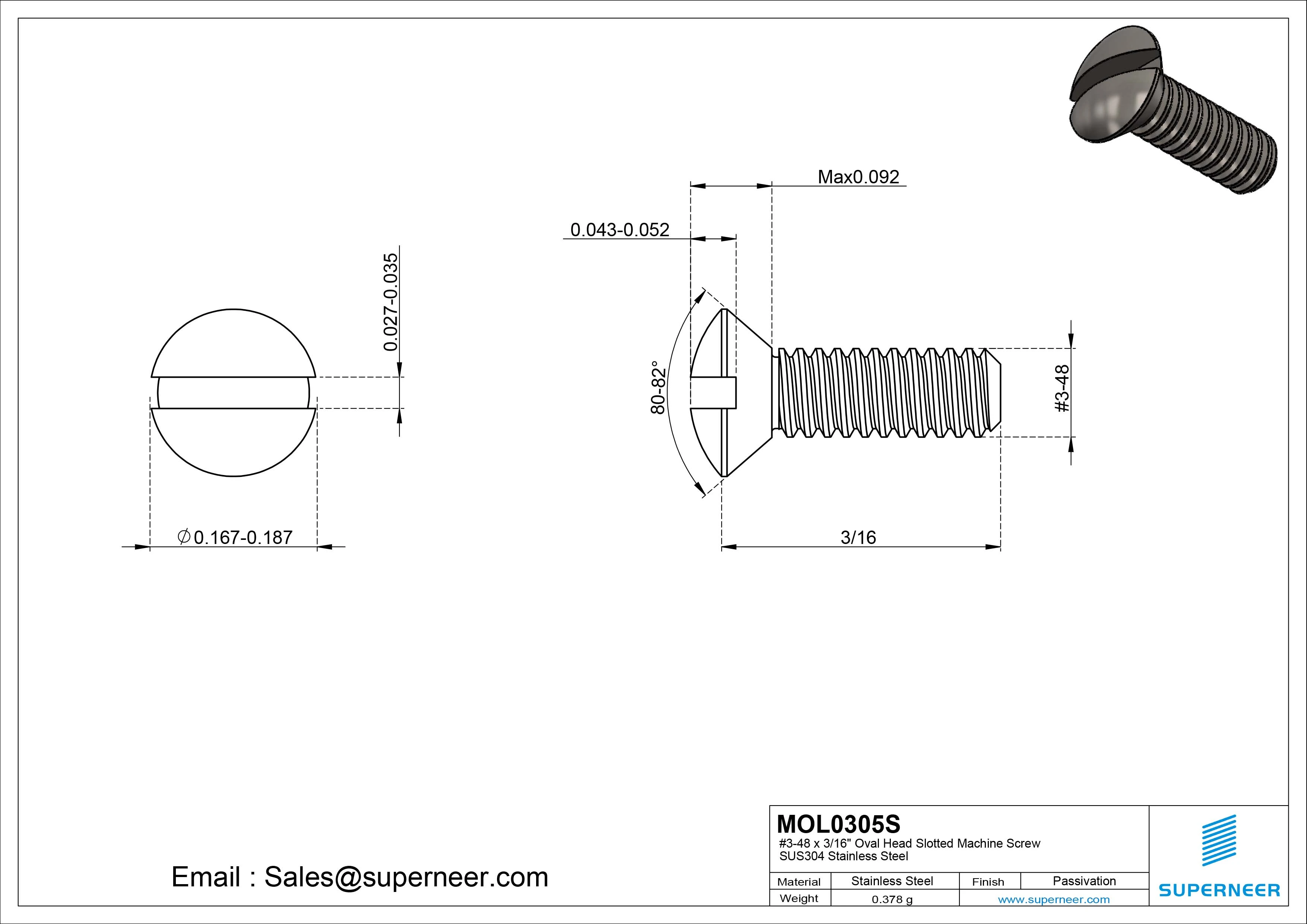 3-48 x 5/16" Oval Head Slotted Machine Screw SUS304 Stainless Steel Inox