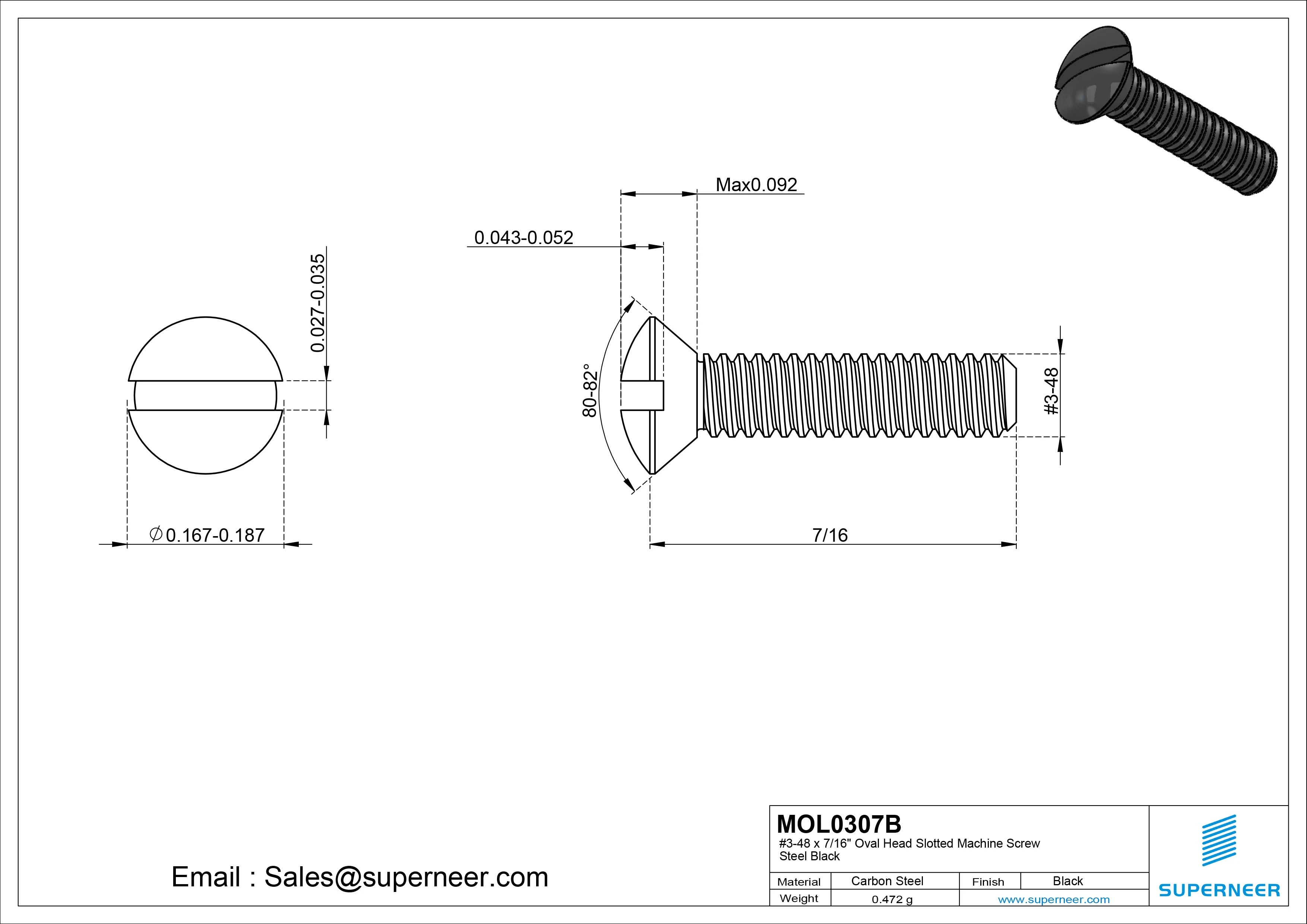 3-48 x 7/16" Oval Head Slotted Machine Screw Steel Black