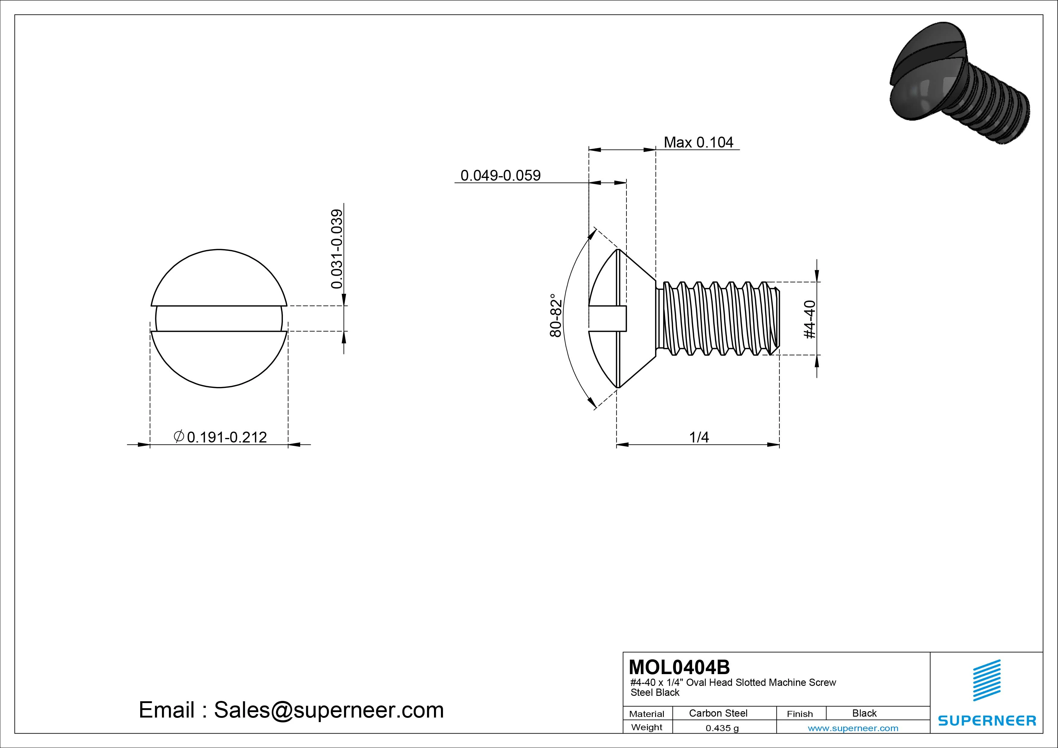 4-40 x 1/4" Oval Head Slotted Machine Screw Steel Black