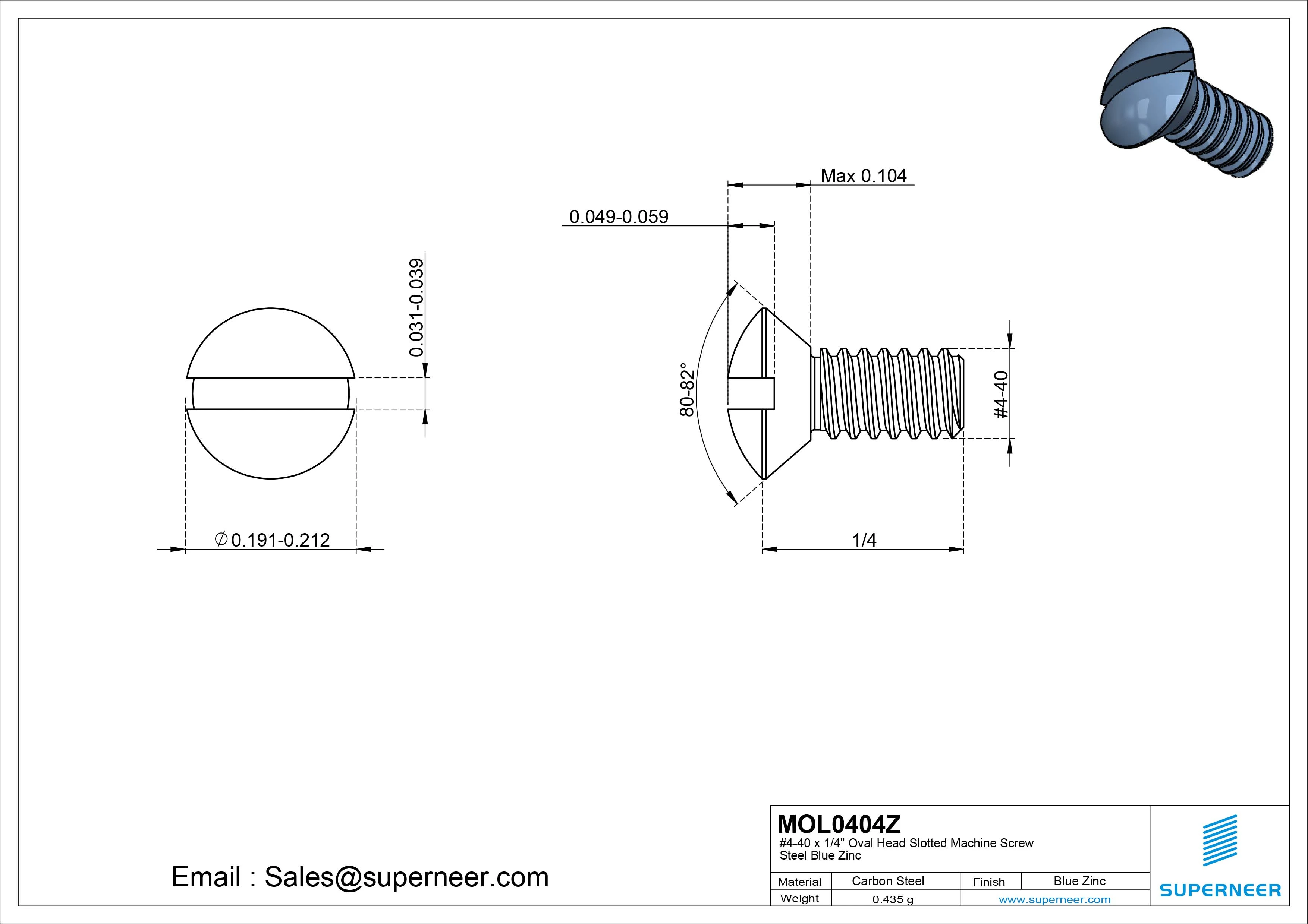 4-40 x 1/4" Oval Head Slotted Machine Screw Steel Blue Zinc Plated
