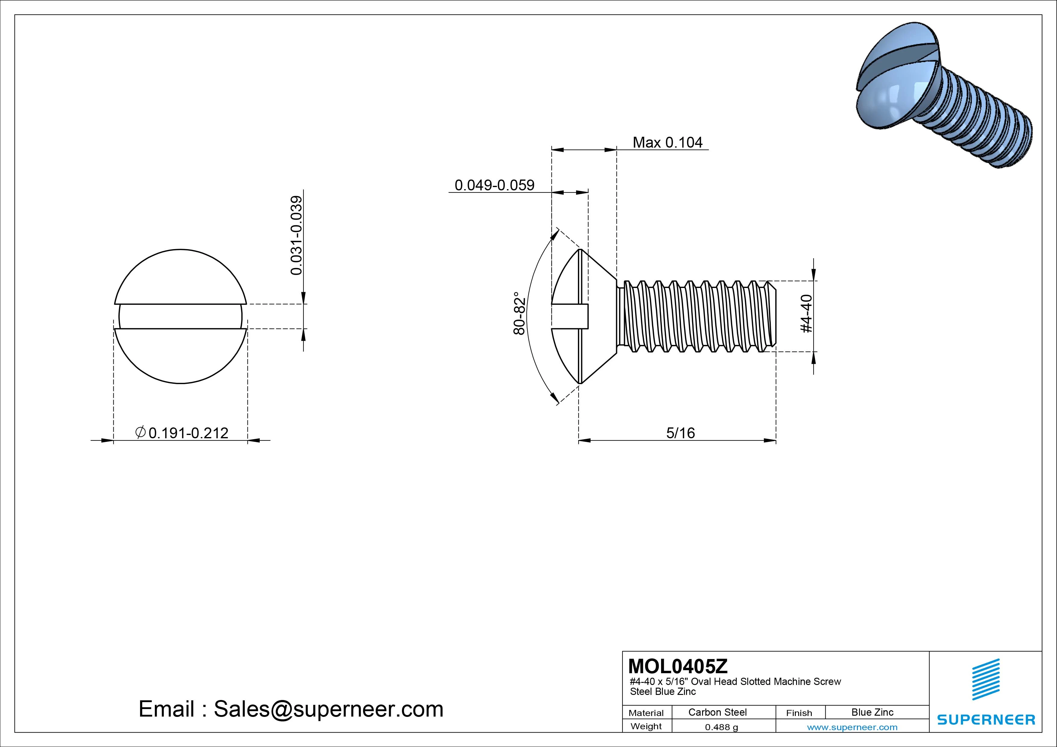 4-40 x 5/16" Oval Head Slotted Machine Screw Steel Blue Zinc Plated