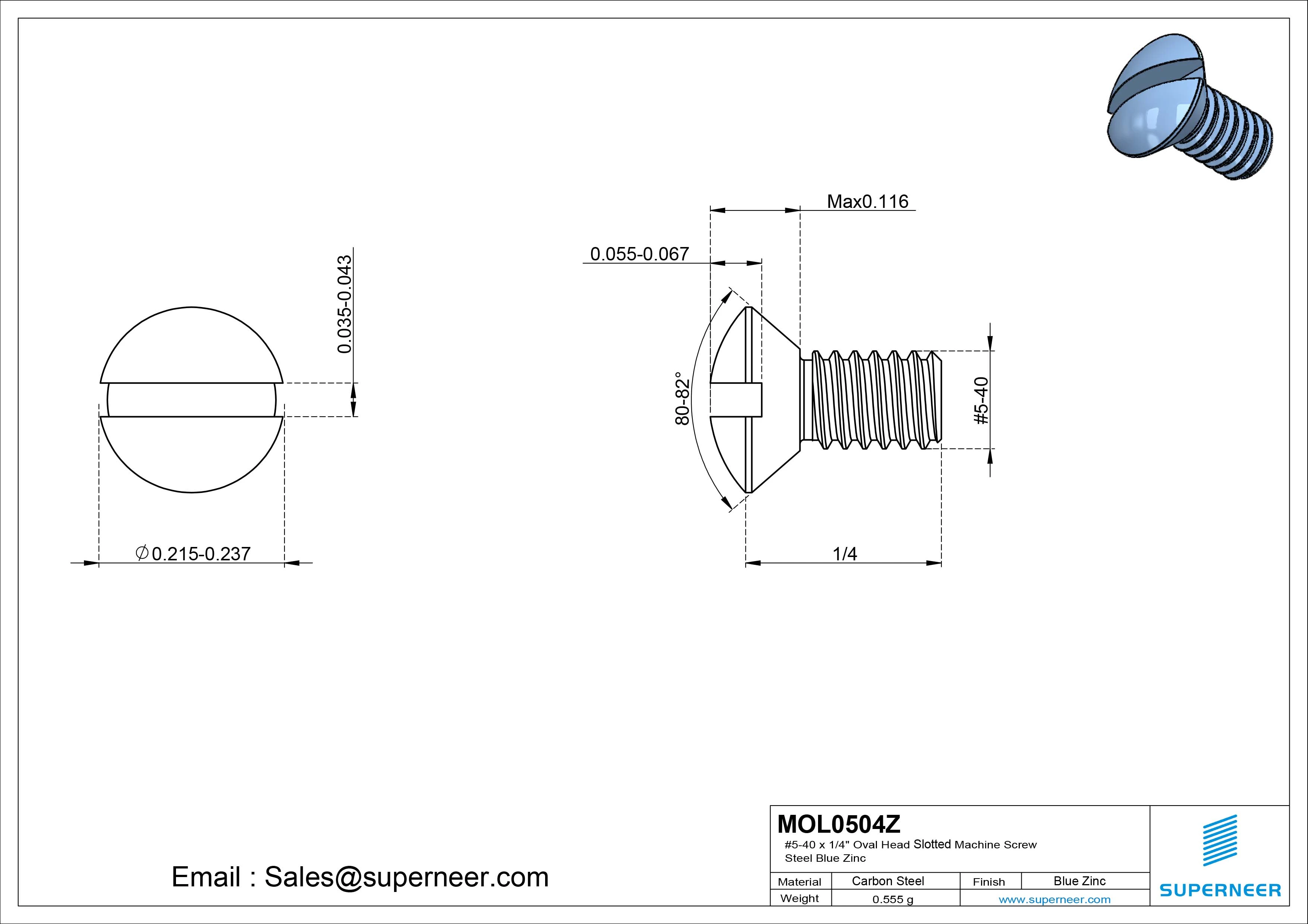 5-40 x 1/4" Oval Head Slotted Machine Screw Steel Blue Zinc Plated