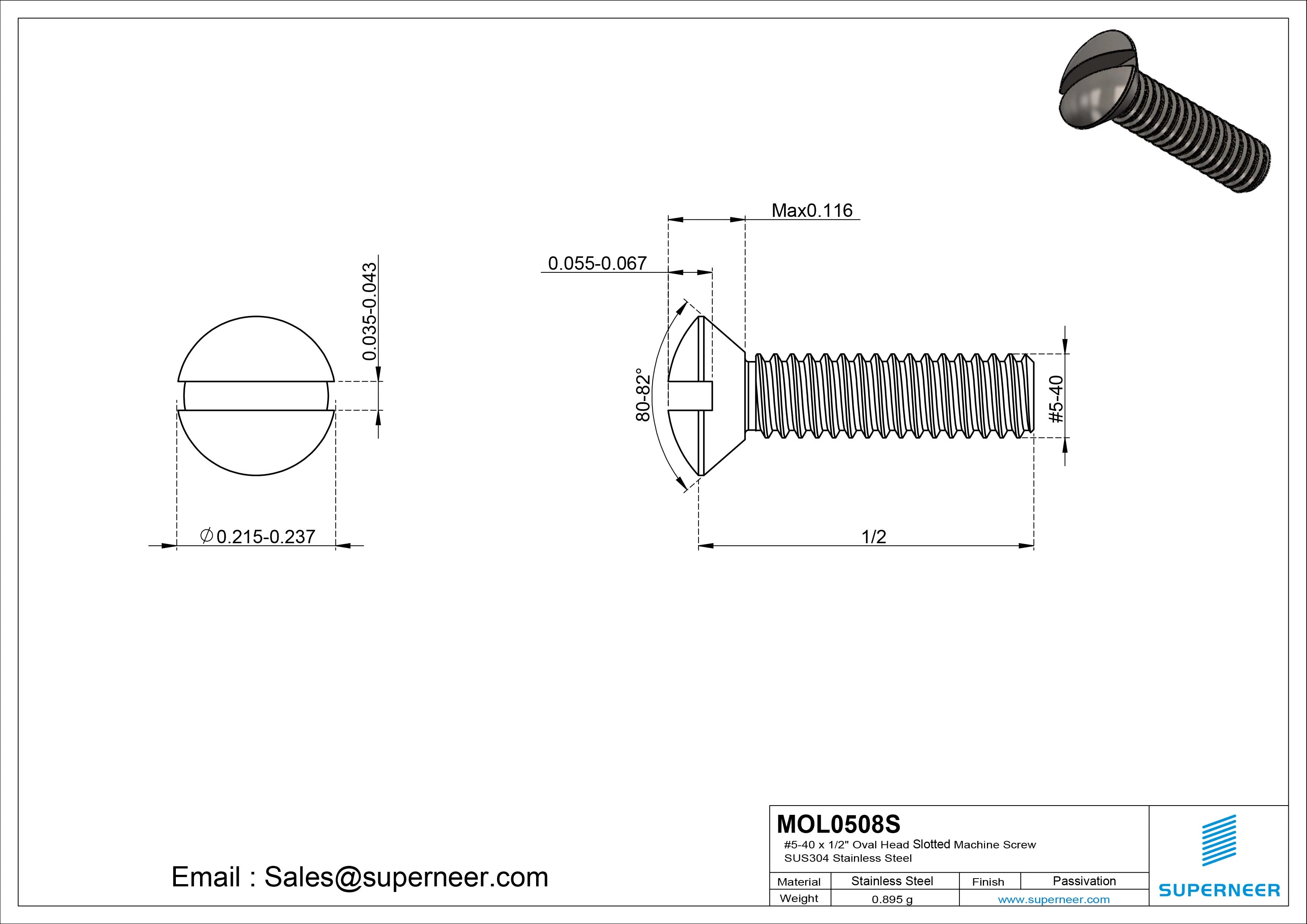 5-40 x 1/2" Oval Head Slotted Machine Screw SUS304 Stainless Steel Inox
