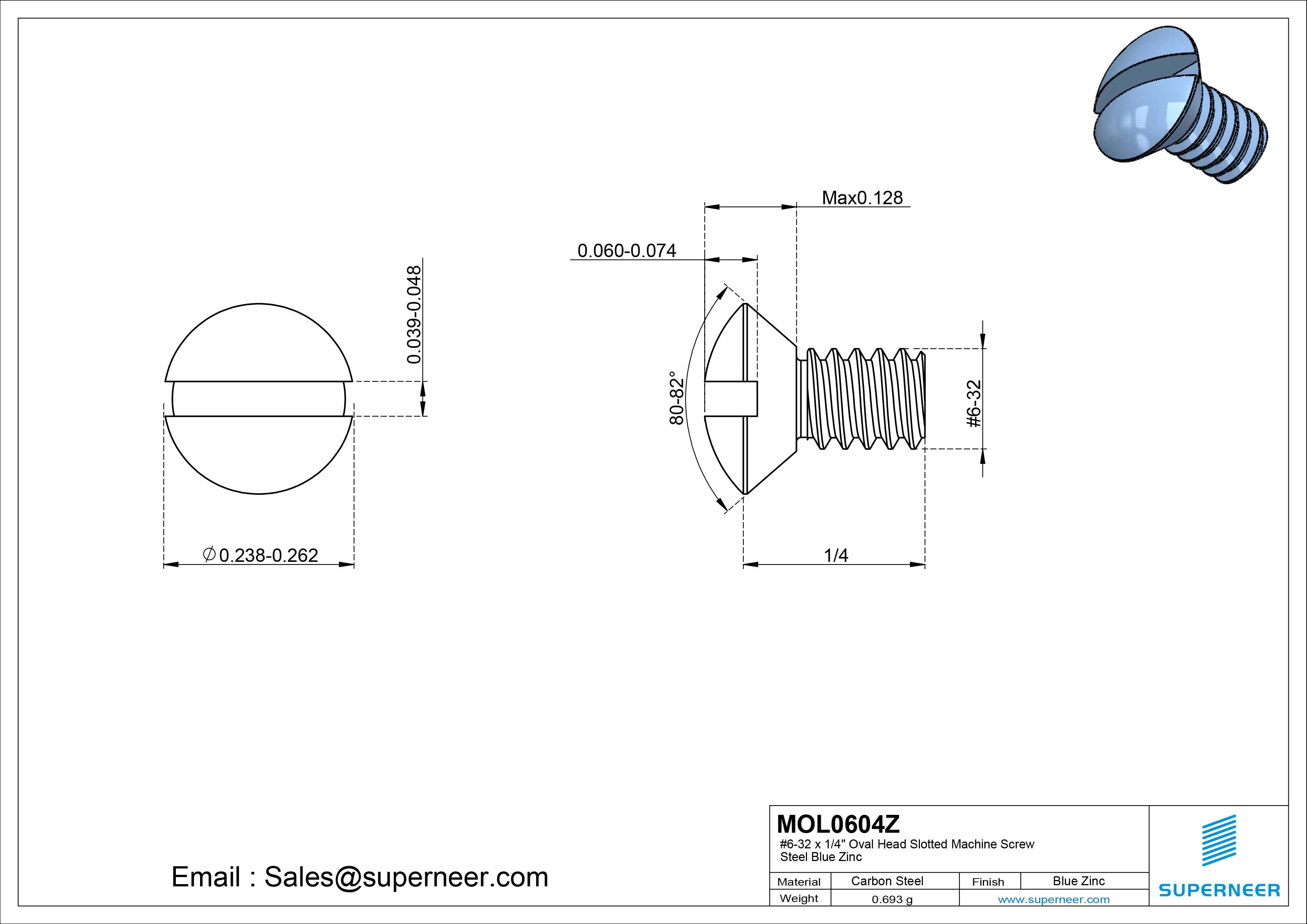 6-32 x 1/4" Oval Head Slotted Machine Screw Steel Blue Zinc Plated