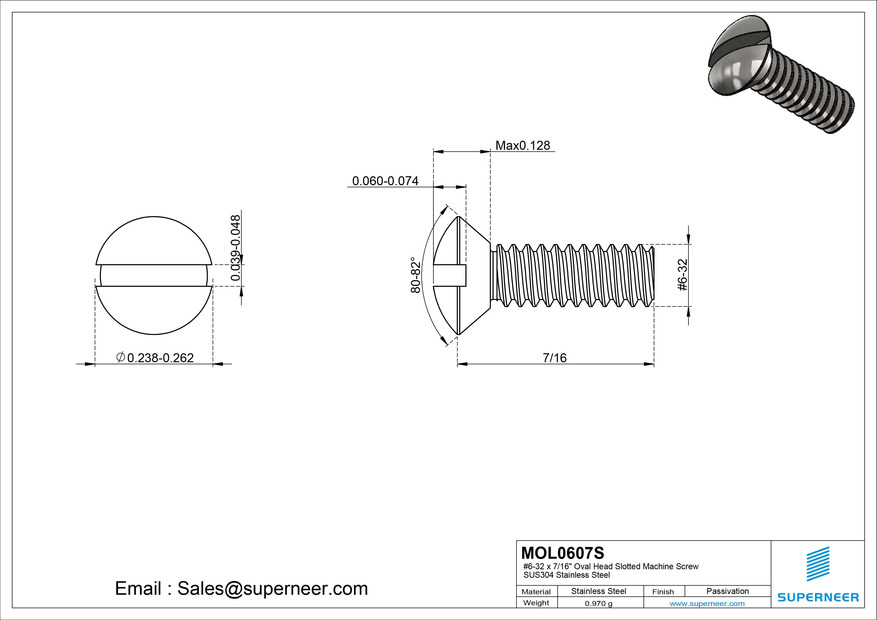 6-32 x 7/16" Oval Head Slotted Machine Screw SUS304 Stainless Steel Inox