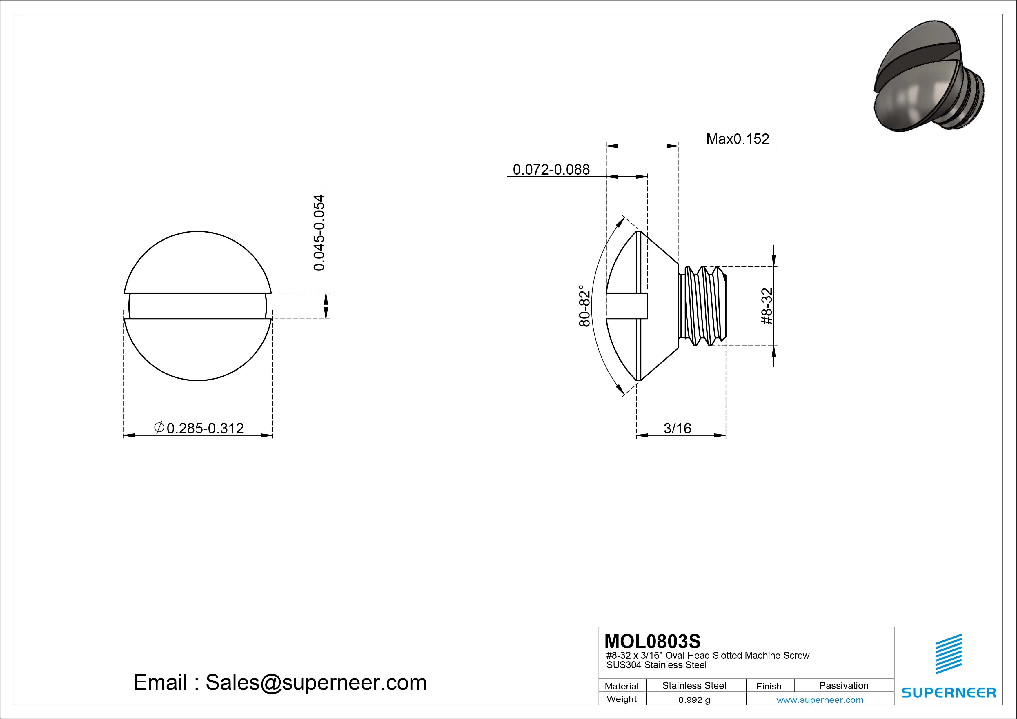 8-32 x 3/16" Oval Head Slotted Machine Screw SUS304 Stainless Steel Inox