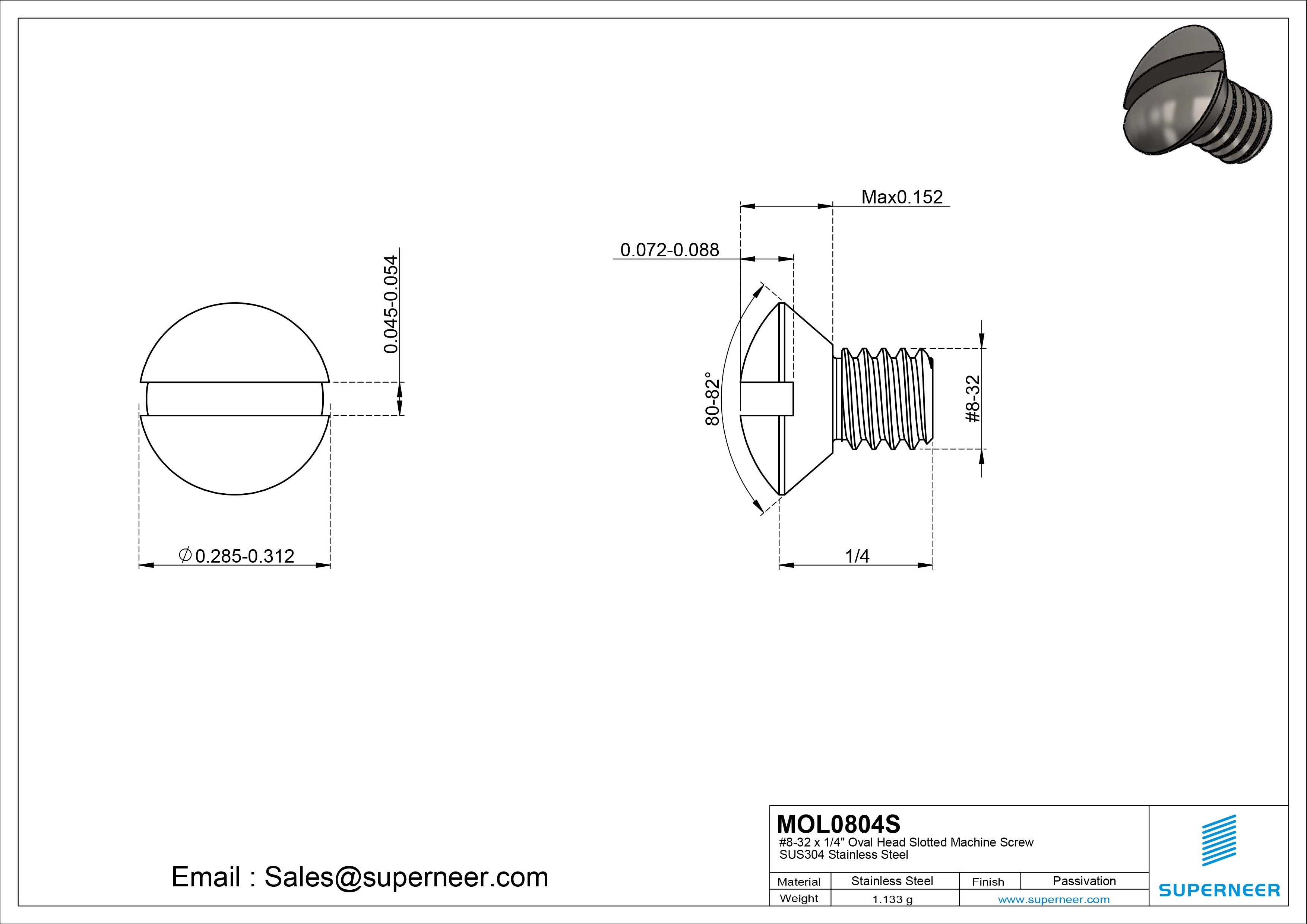 8-32 x 1/4" Oval Head Slotted Machine Screw SUS304 Stainless Steel Inox