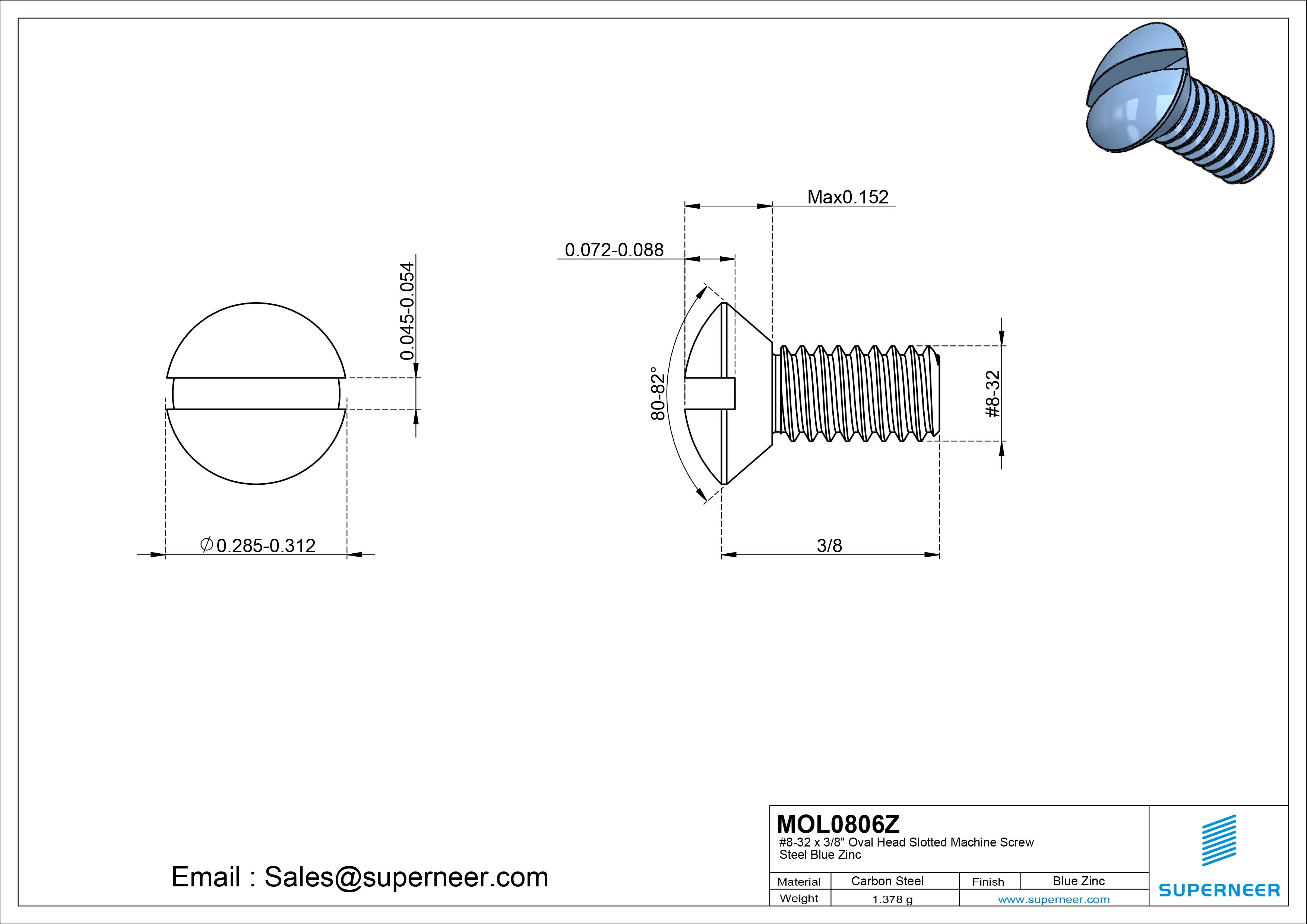8-32 x 3/8" Oval Head Slotted Machine Screw Steel Blue Zinc Plated