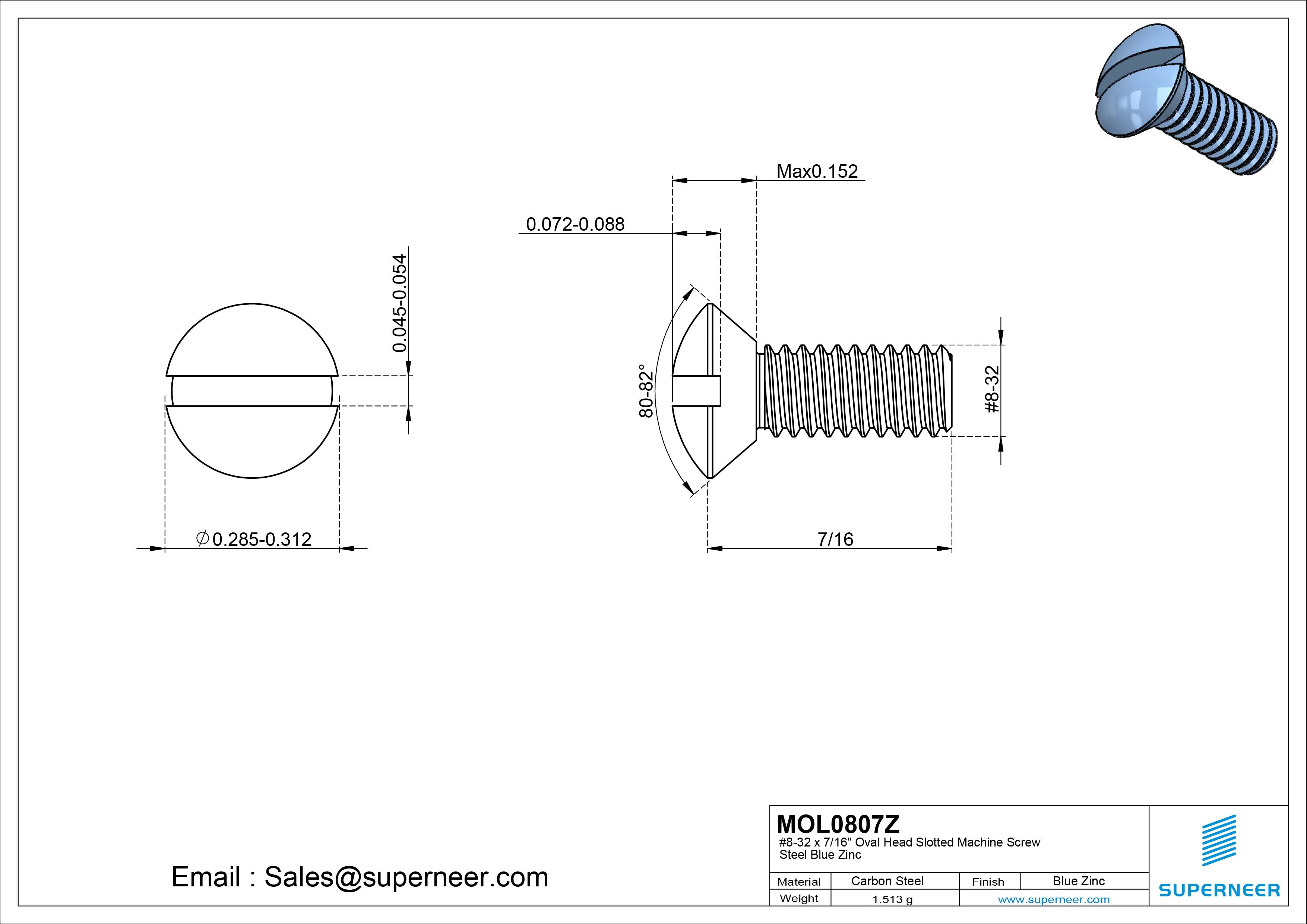 8-32 x7/16" Oval Head Slotted Machine Screw Steel Blue Zinc Plated