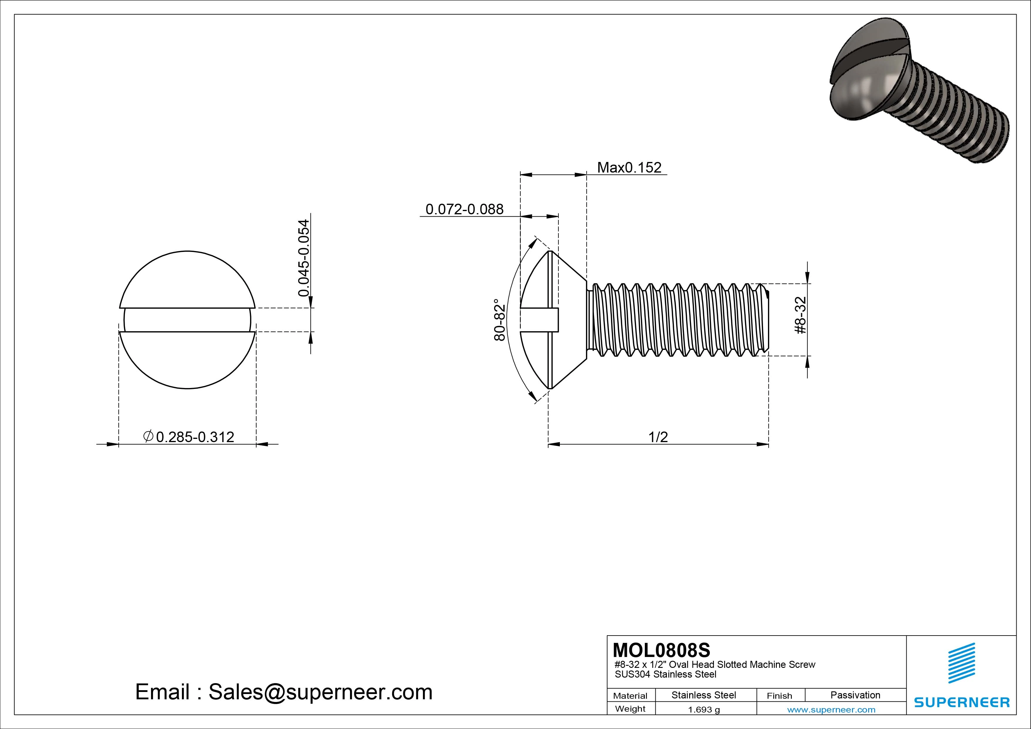 8-32 x 1/2" Oval Head Slotted Machine Screw SUS304 Stainless Steel Inox