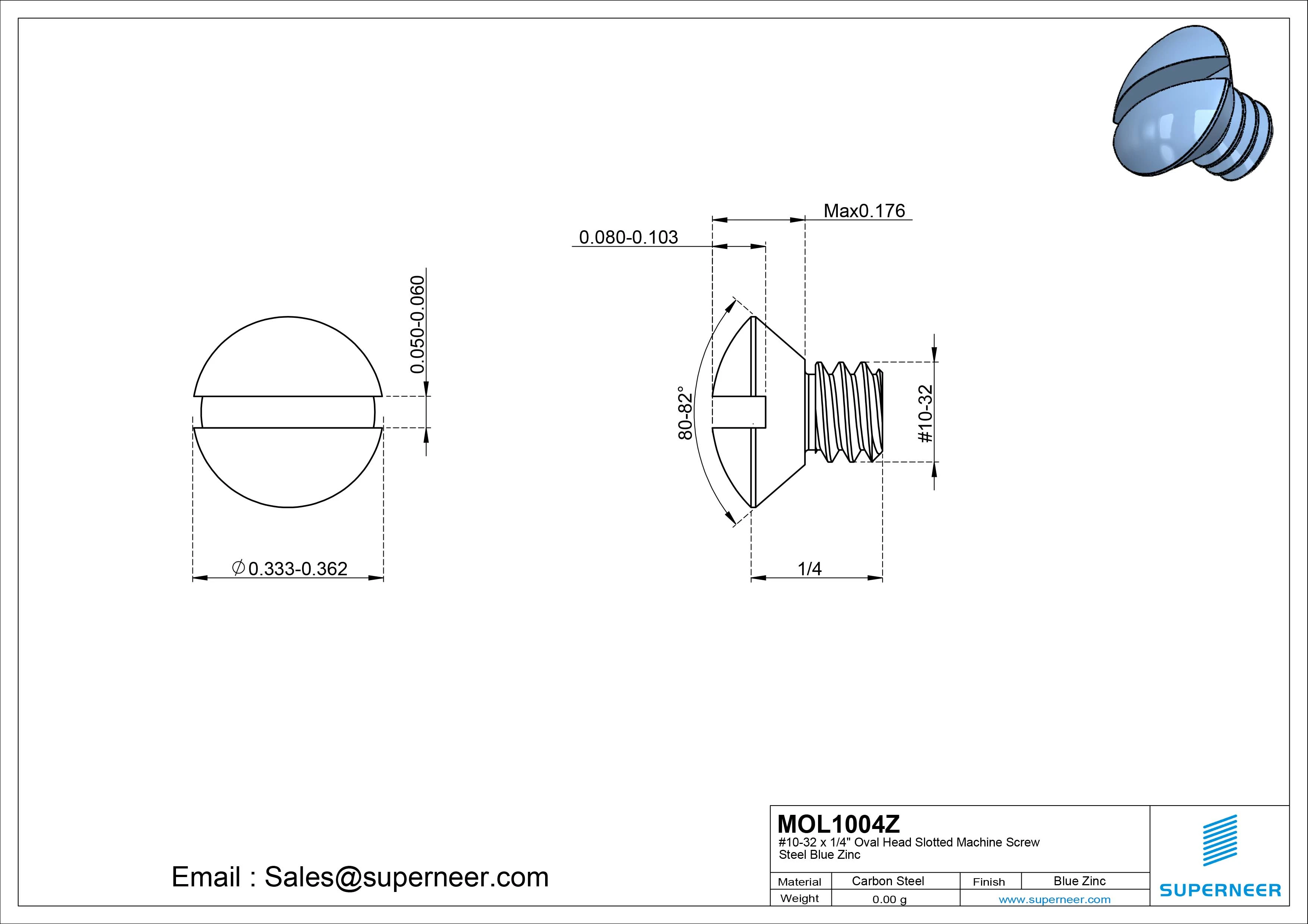 10-32 x 1/4" Oval Head Slotted Machine Screw Steel Blue Zinc Plated