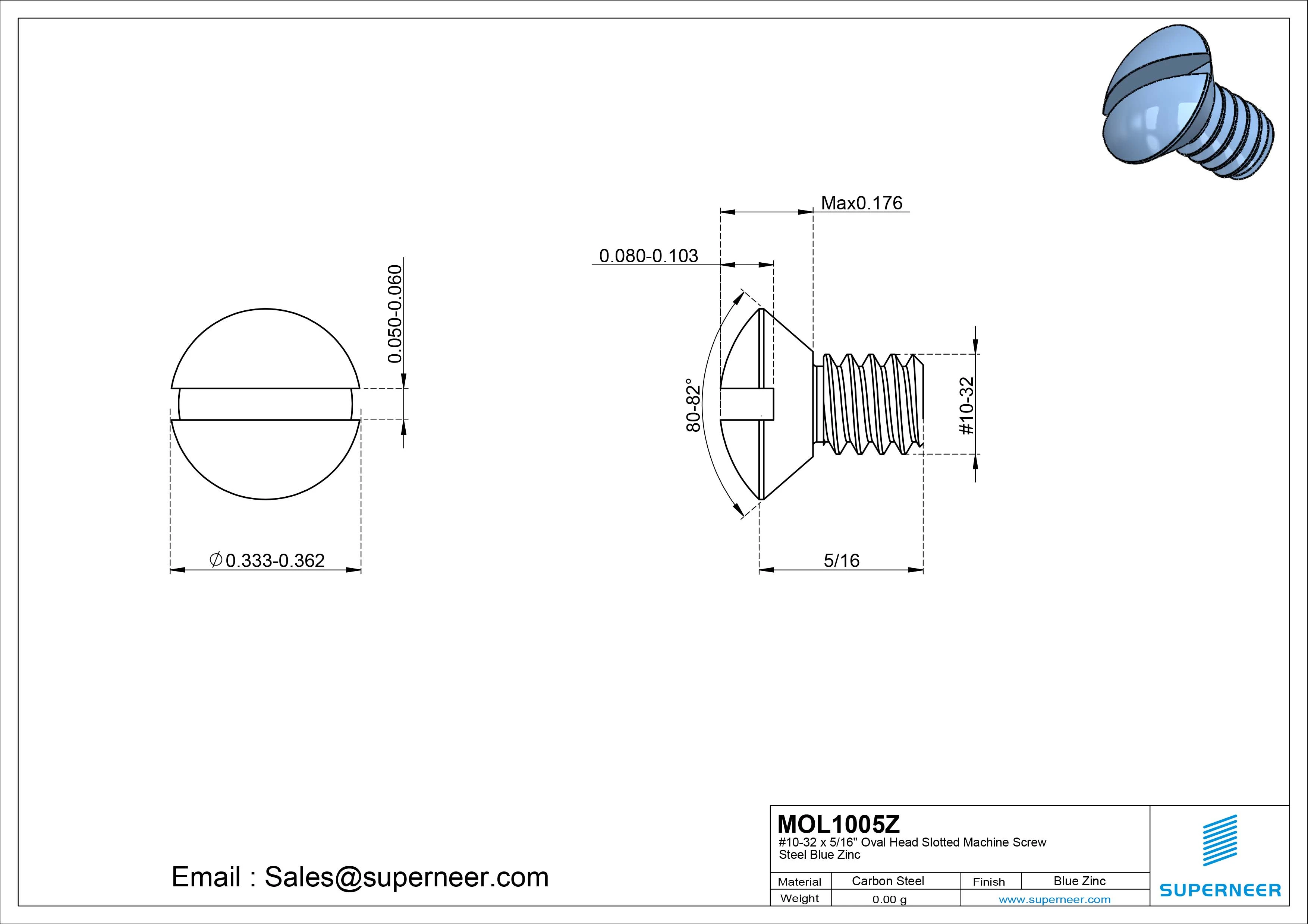 10-32 x 5/16" Oval Head Slotted Machine Screw Steel Blue Zinc Plated