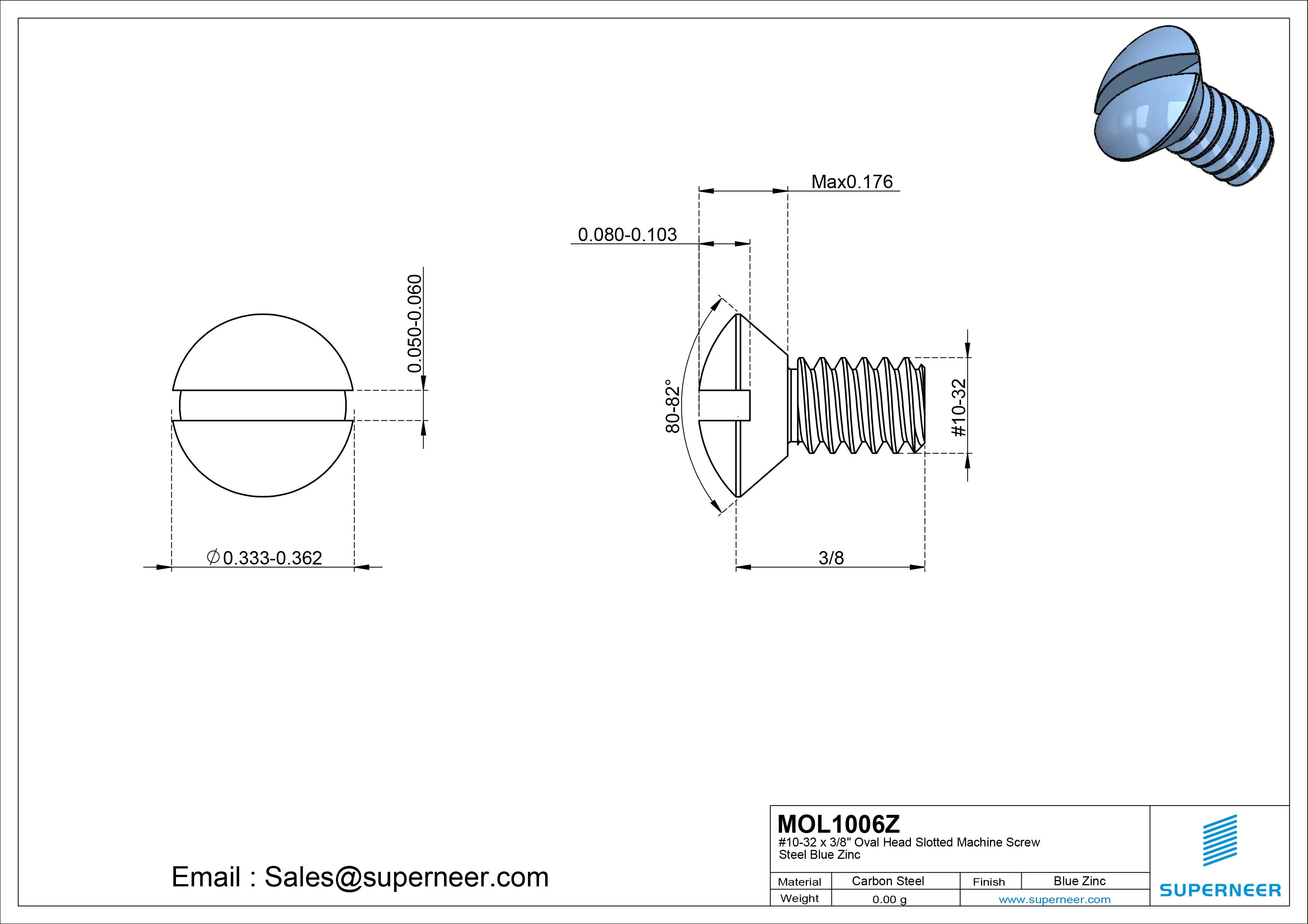 10-32 x 3/8" Oval Head Slotted Machine Screw Steel Blue Zinc Plated