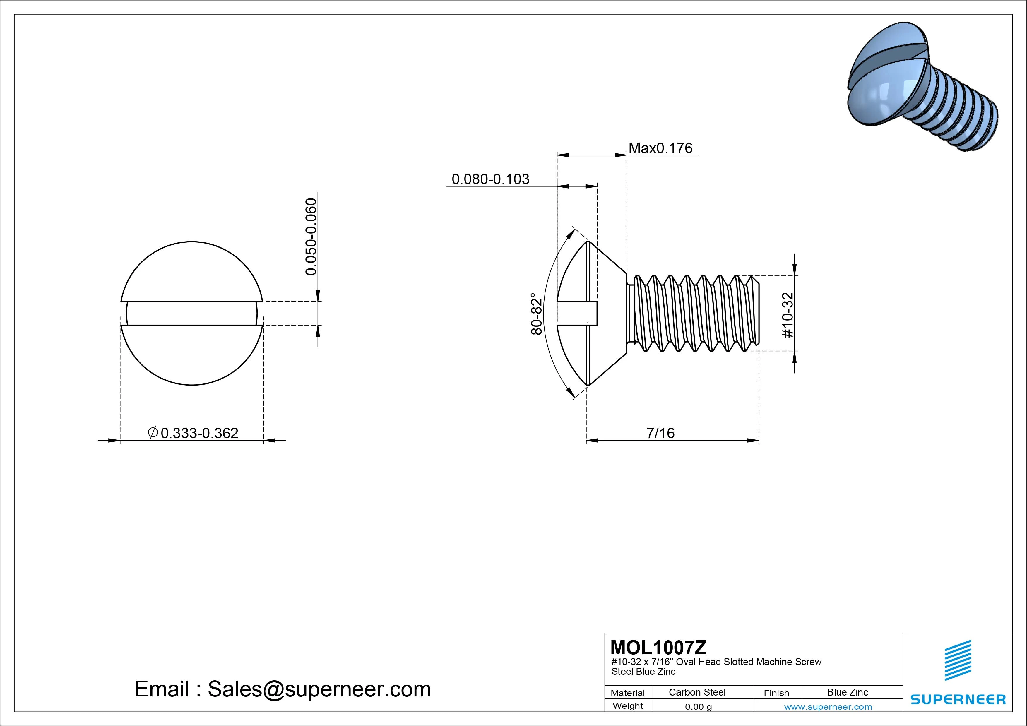 10-32 x 7/16" Oval Head Slotted Machine Screw Steel Blue Zinc Plated