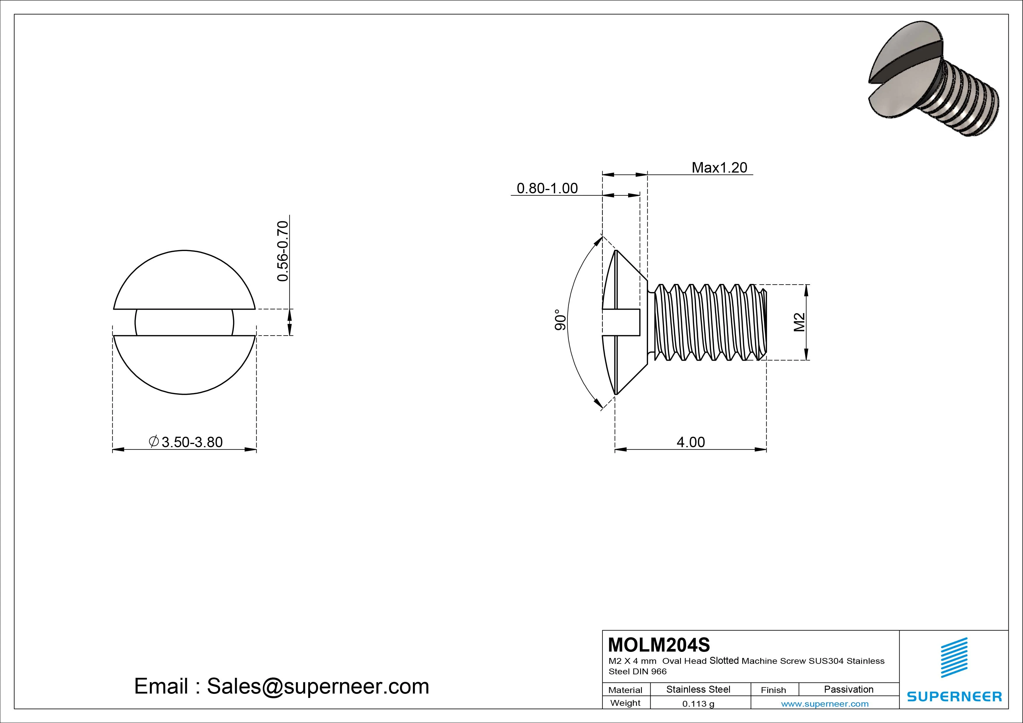M2 x 4 mm Oval Head Slotted Machine Screw SUS304 Stainless Steel Inox DIN 964