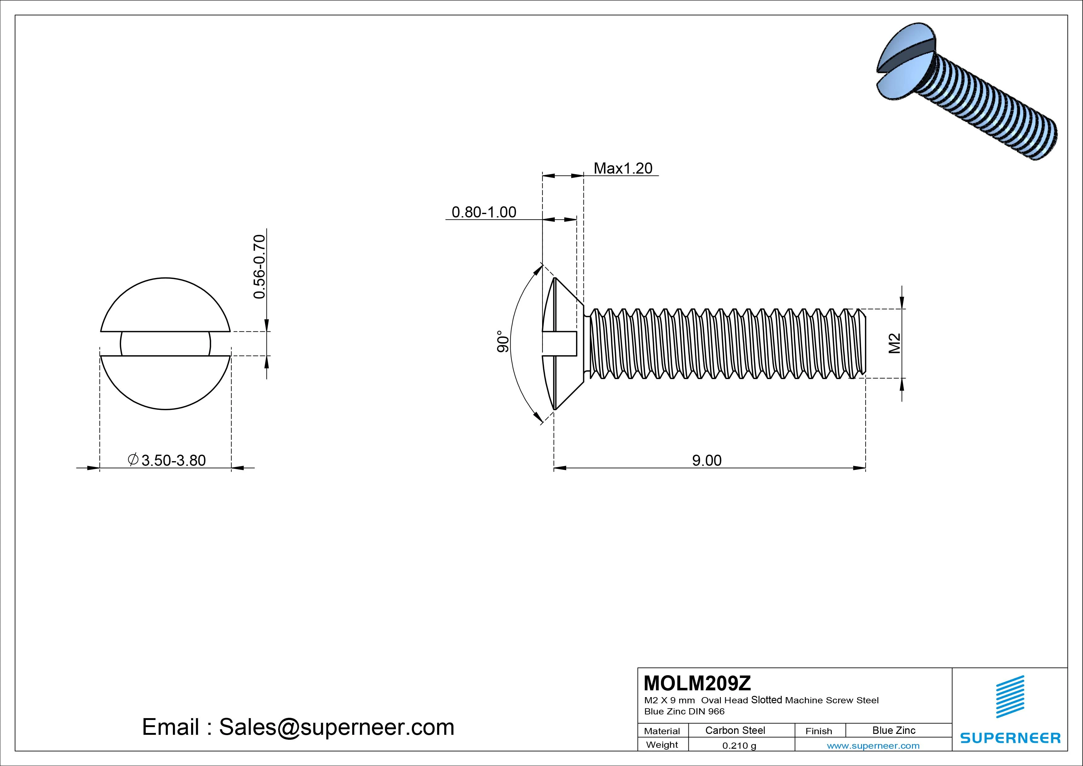 M2 x 9 mm Oval Head Slotted Machine Screw Steel Blue Zinc Plated DIN 964