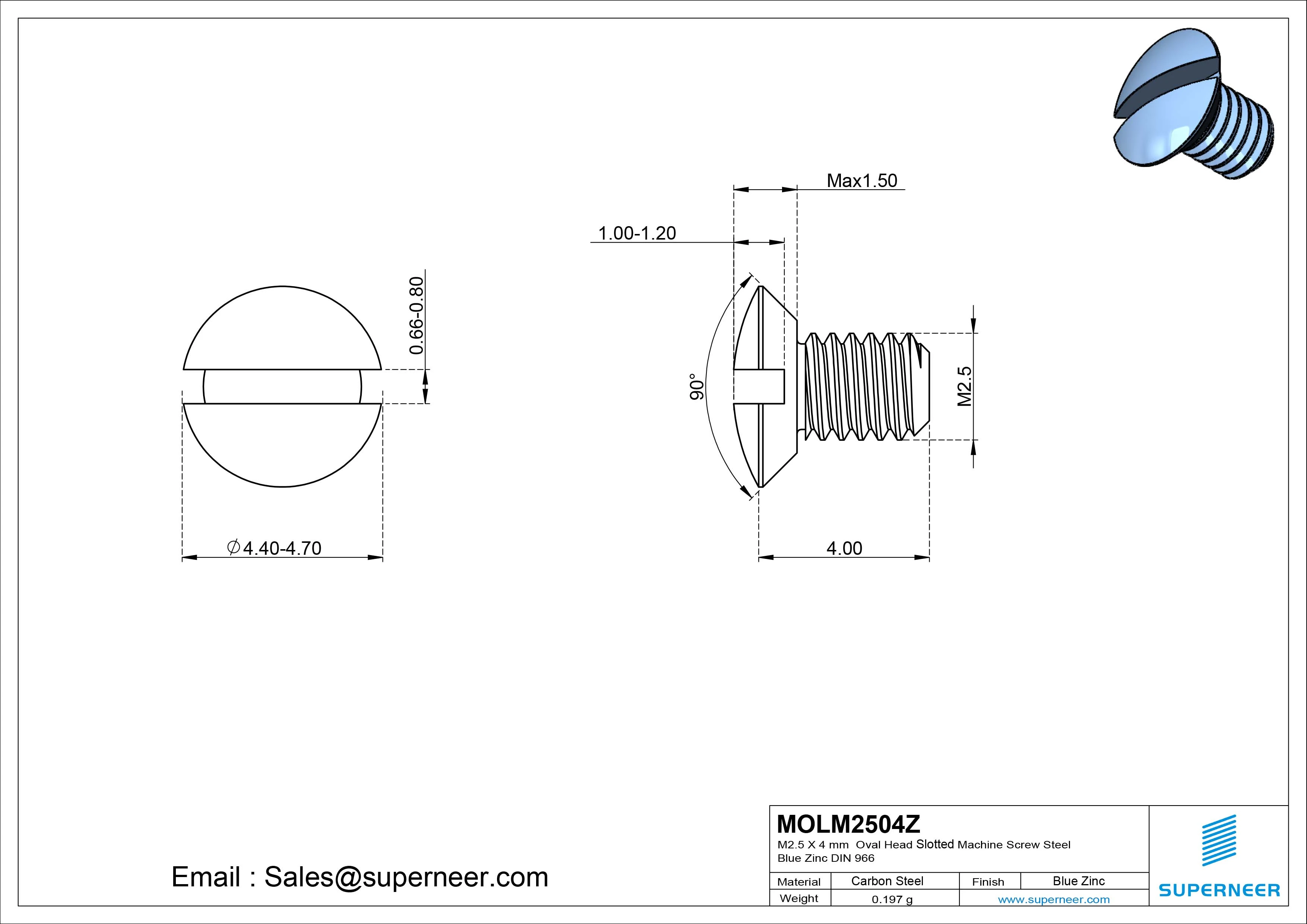 M2.5 x 4 mm Oval Head Slotted Machine Screw Steel Blue Zinc Plated DIN 964