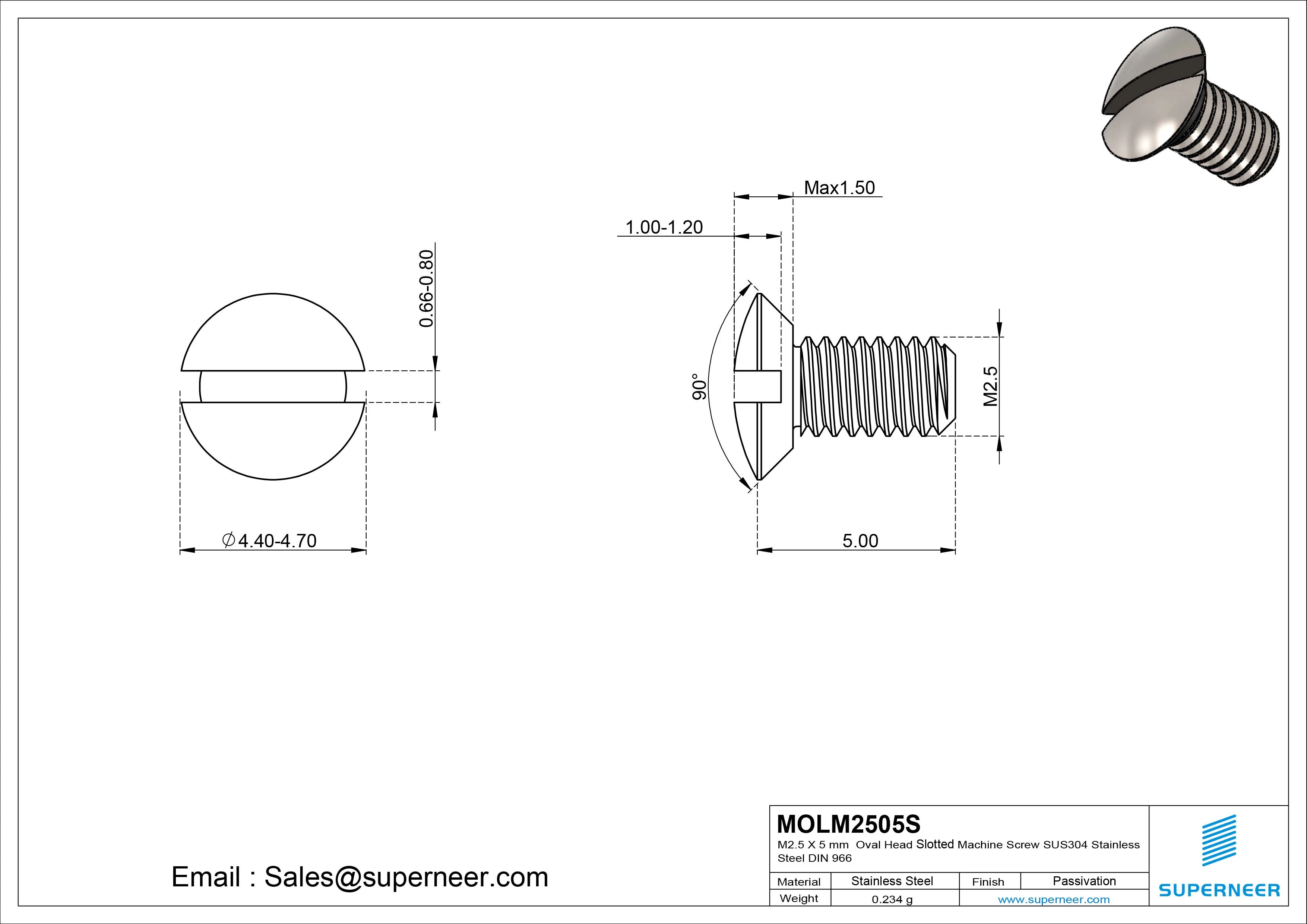 M2.5 x 5 mm Oval Head Slotted Machine Screw SUS304 Stainless Steel Inox DIN 964