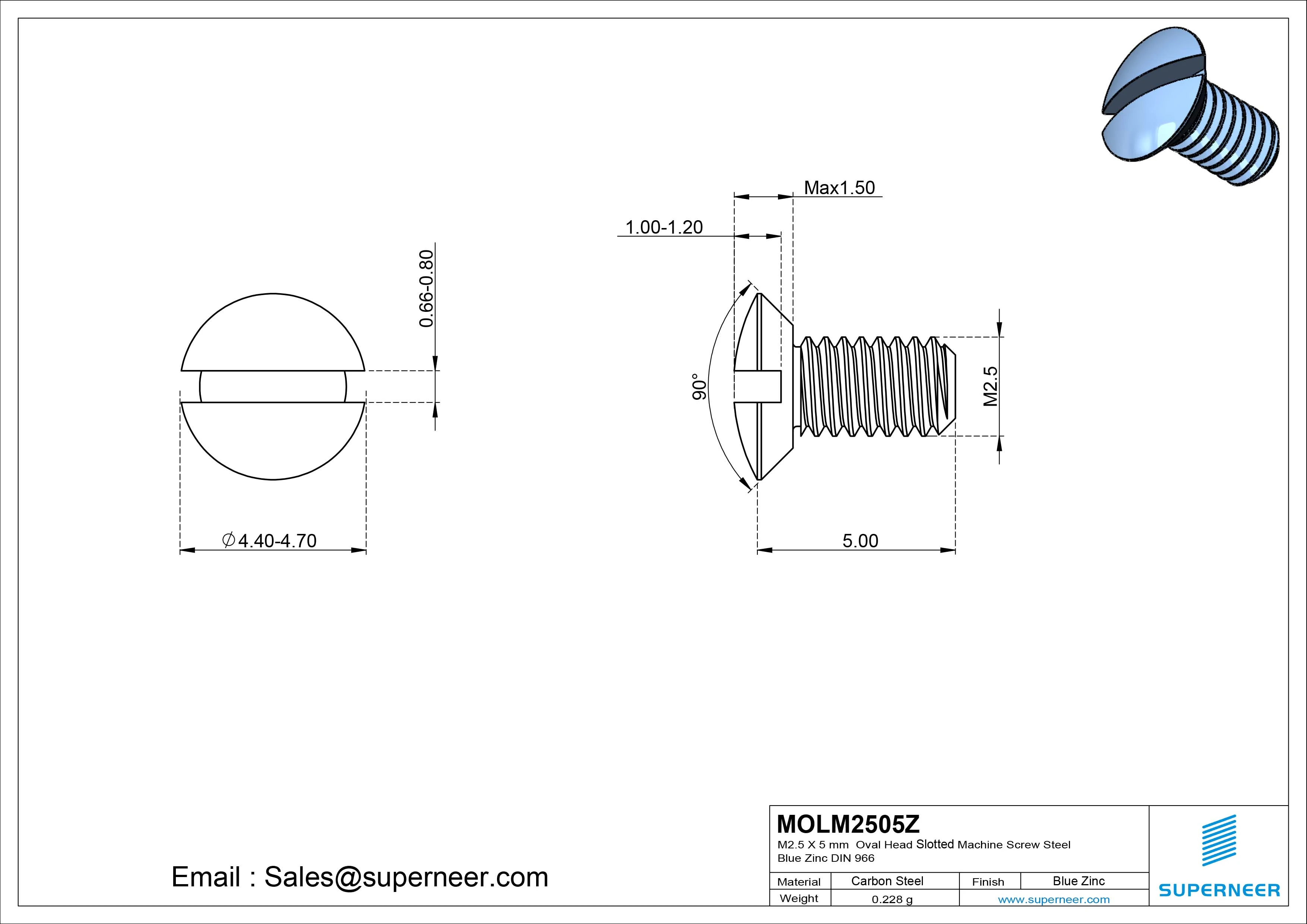 M2.5 x 5 mm Oval Head Slotted Machine Screw Steel Blue Zinc Plated DIN 964