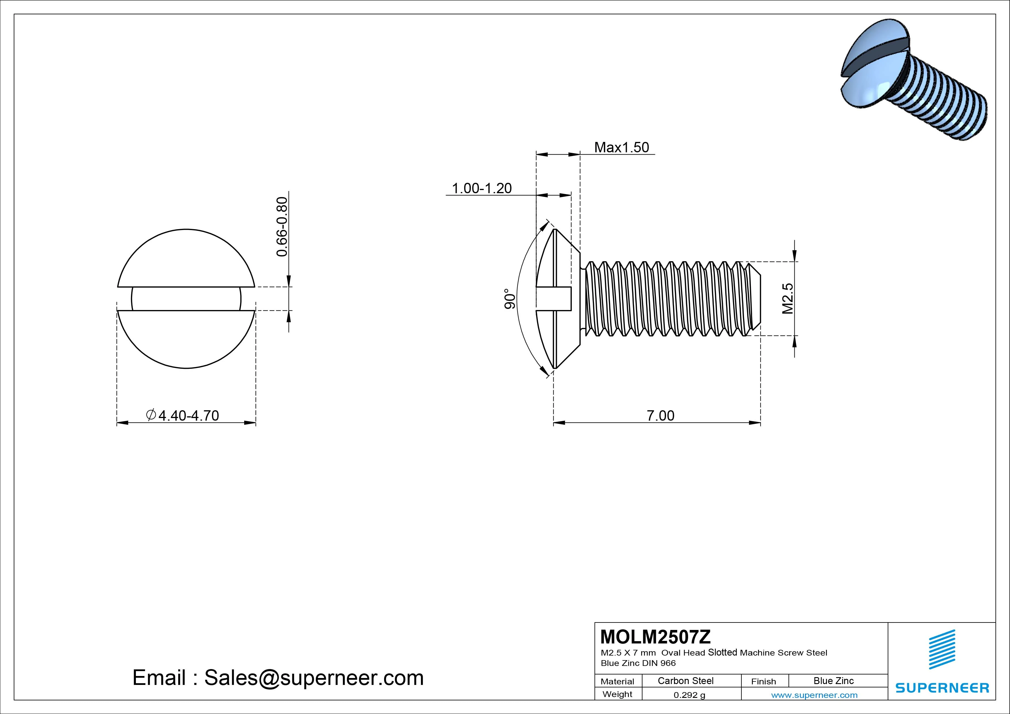 M2.5 x 7 mm Oval Head Slotted Machine Screw Steel Blue Zinc Plated DIN 964