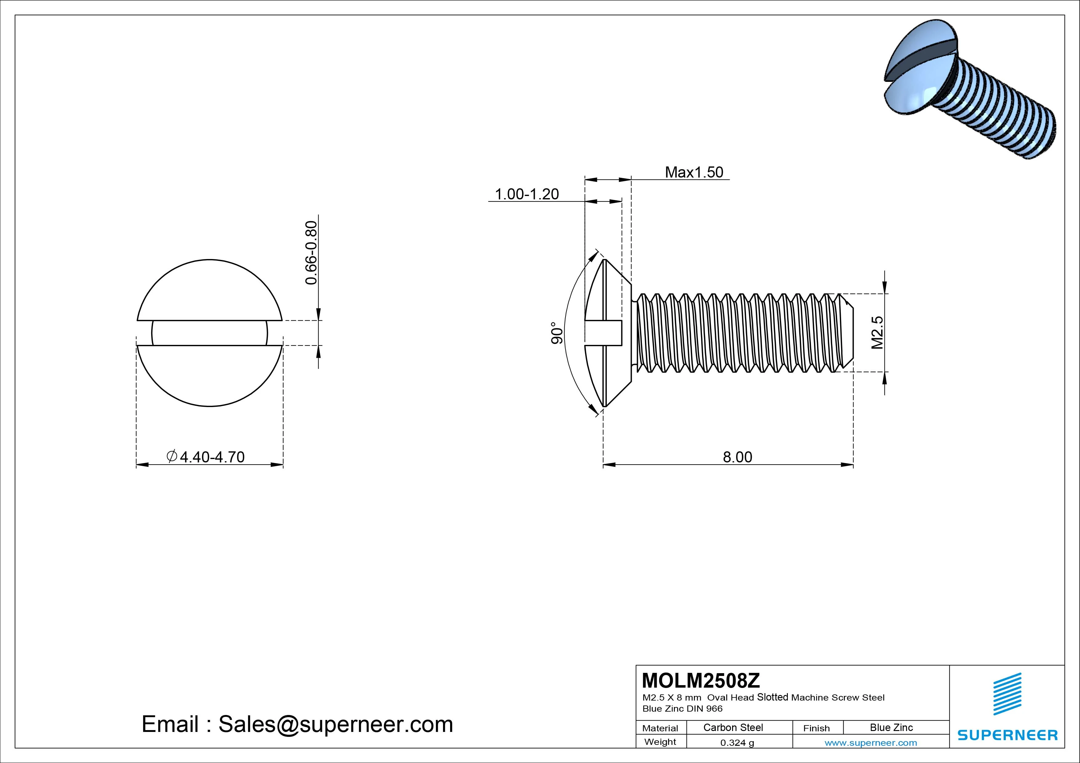 M2.5 x 8 mm Oval Head Slotted Machine Screw Steel Blue Zinc Plated DIN 964