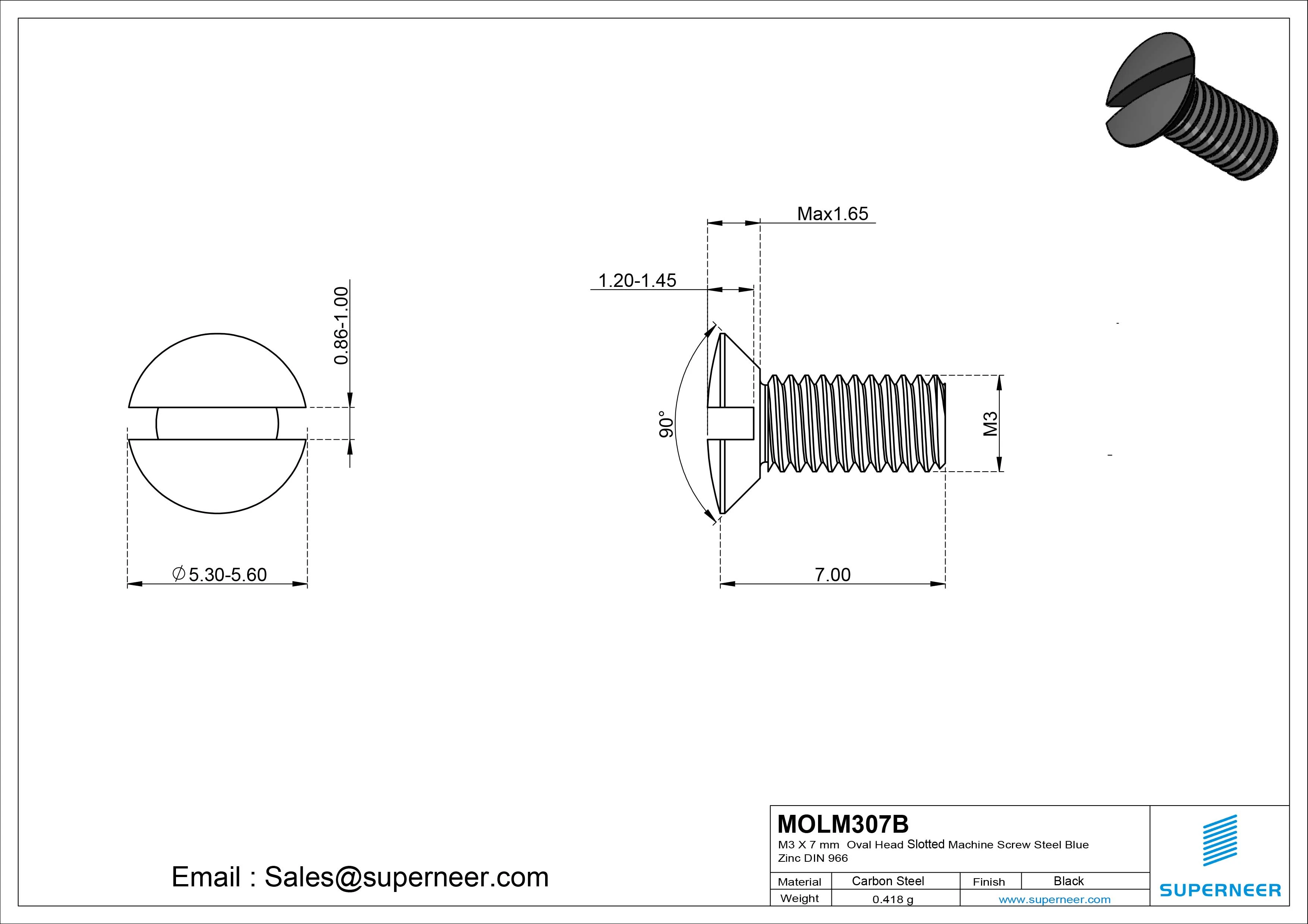 M3 x 7 mm Oval Head Slotted Machine Screw Steel Black DIN 964