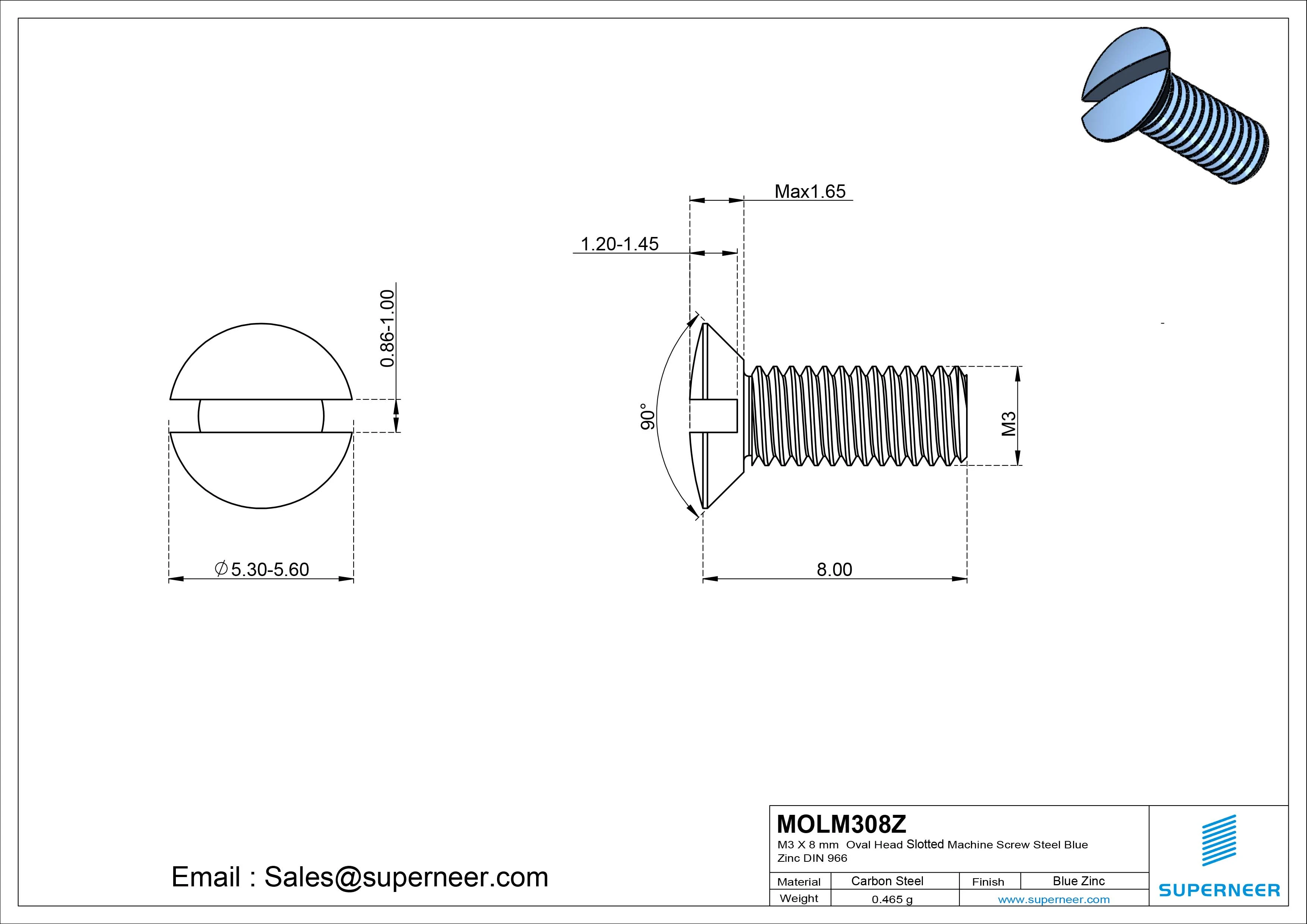 M3 x 8 mm Oval Head Slotted Machine Screw Steel Blue Zinc Plated DIN 964