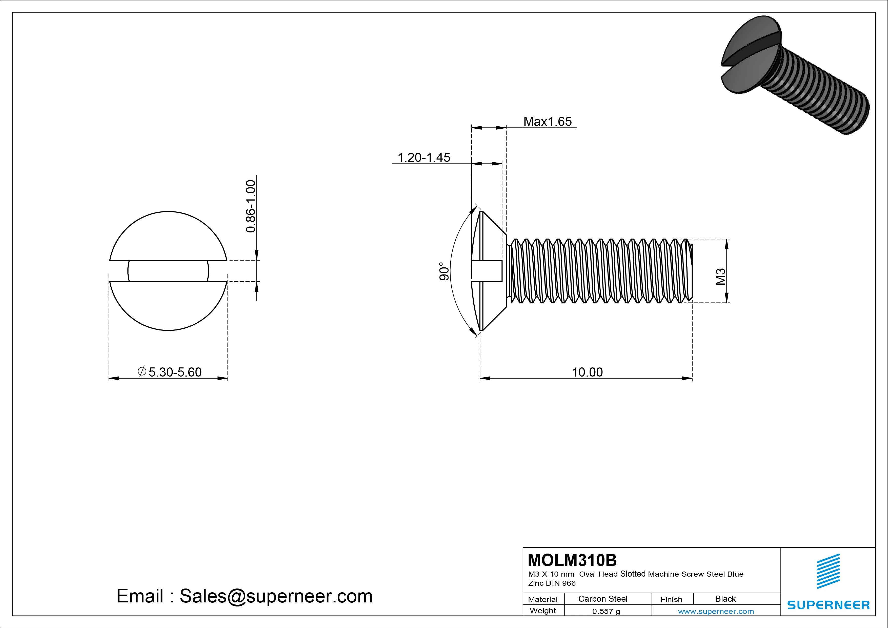 M3 x 10 mm Oval Head Slotted Machine Screw Steel Black DIN 964