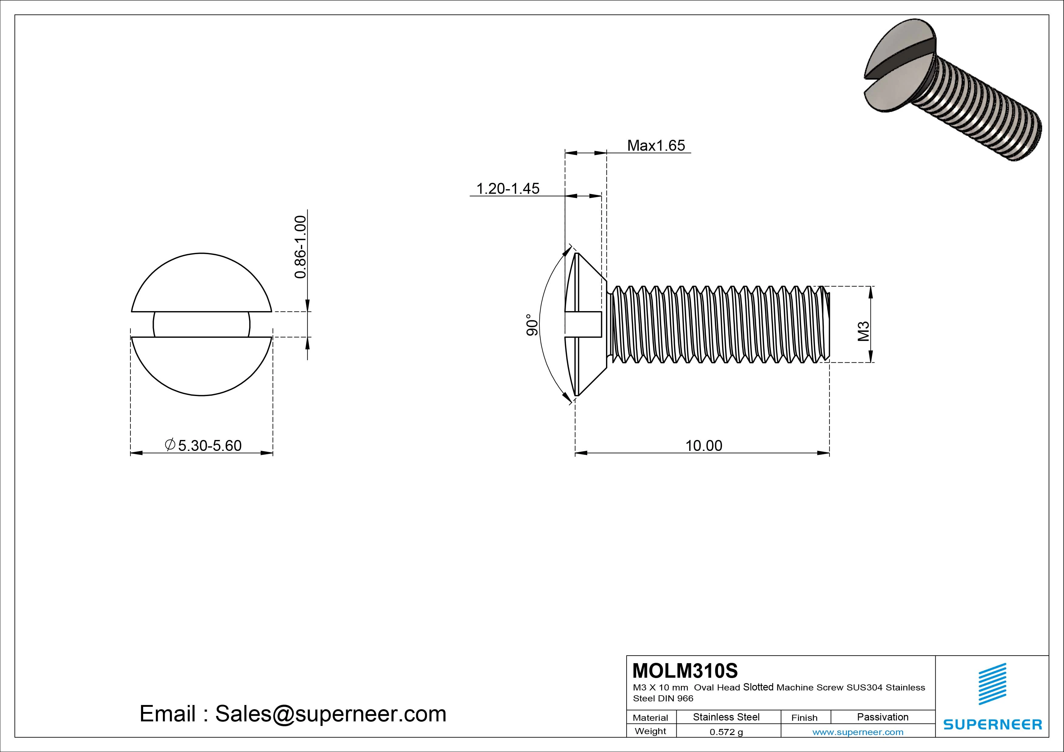 M3 x 10 mm Oval Head Slotted Machine Screw SUS304 Stainless Steel Inox DIN 964