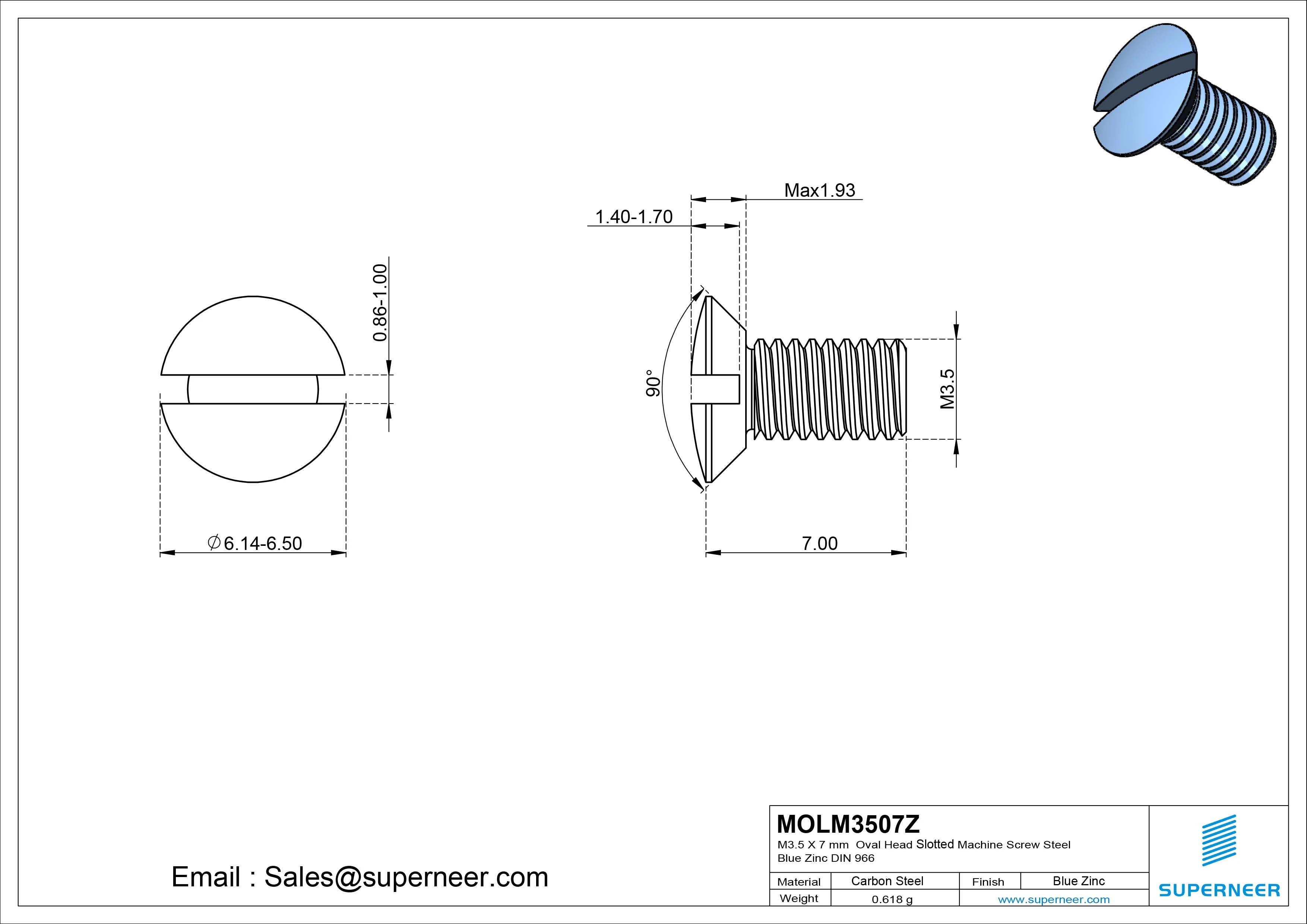 M3.5 x 7 mm Oval Head Slotted Machine Screw Steel Blue Zinc Plated DIN 964