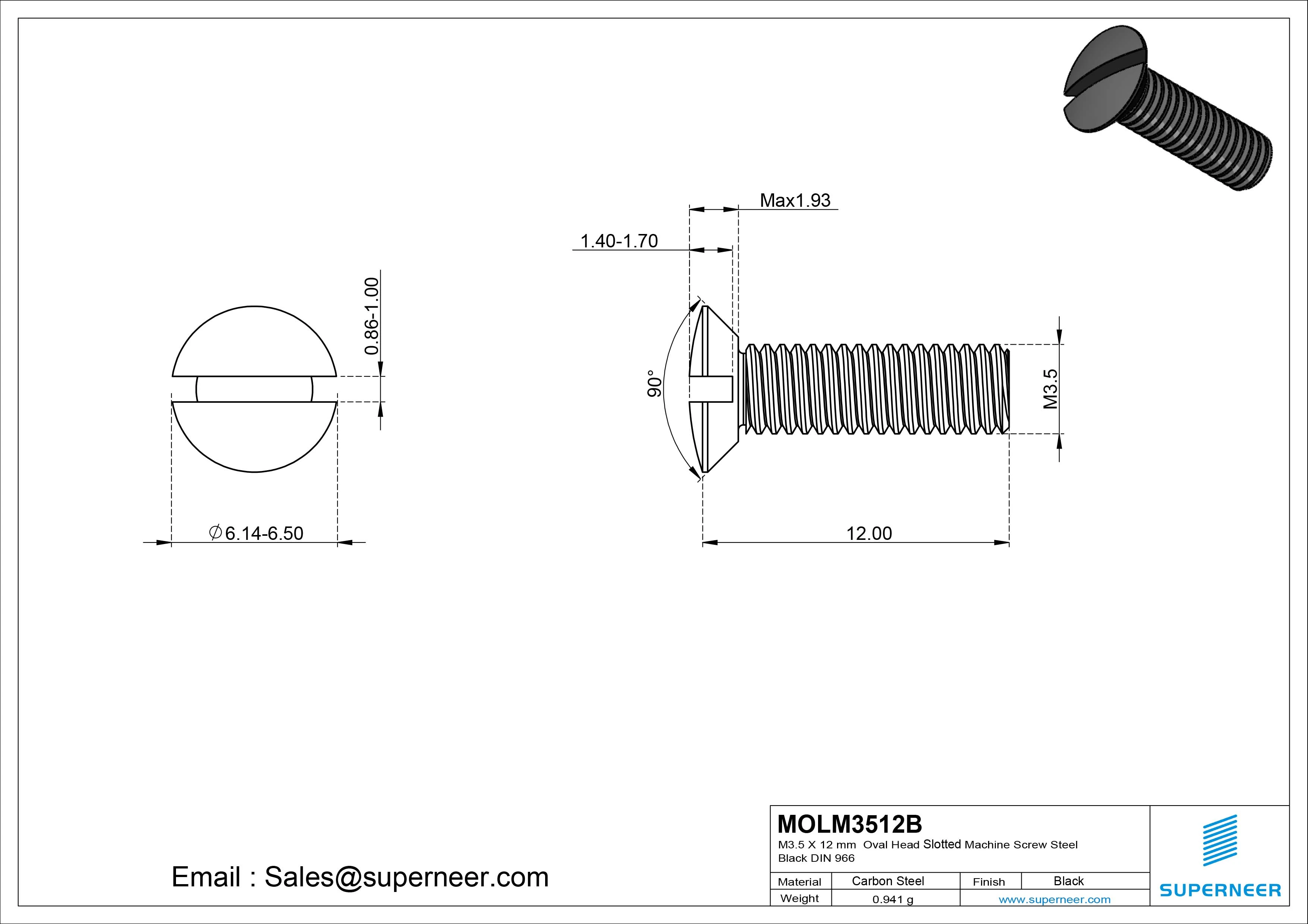 M3.5 x 12 mm Oval Head Slotted Machine Screw Steel Black DIN 964