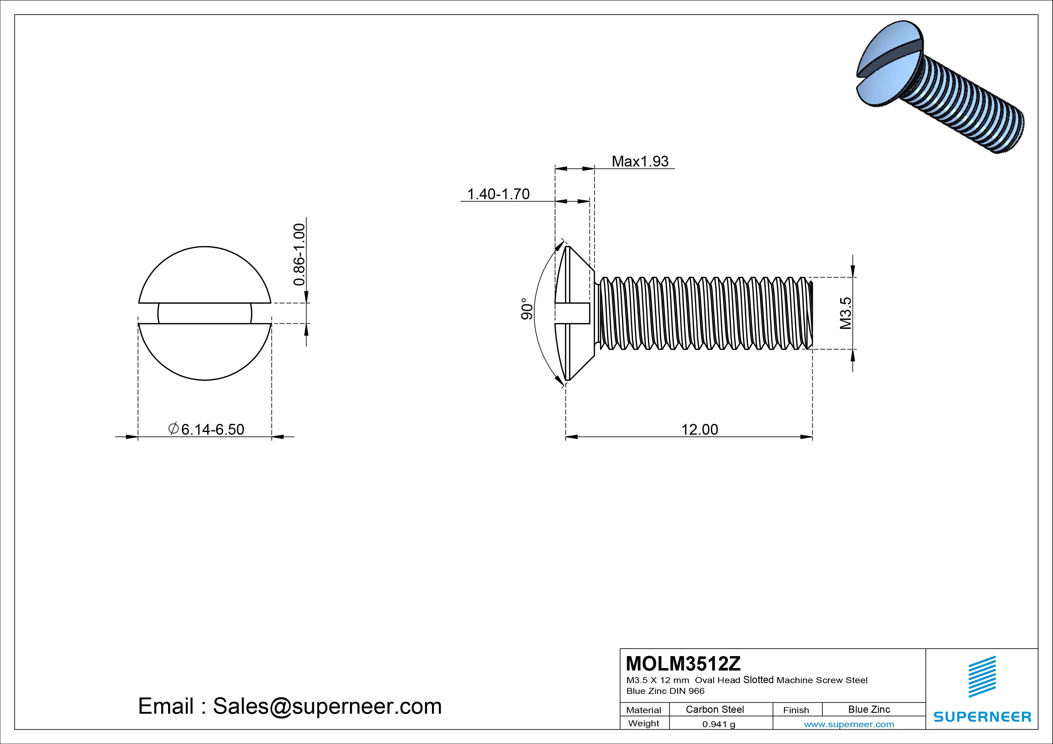 M3.5 x 12 mm Oval Head Slotted Machine Screw Steel Blue Zinc Plated DIN 964