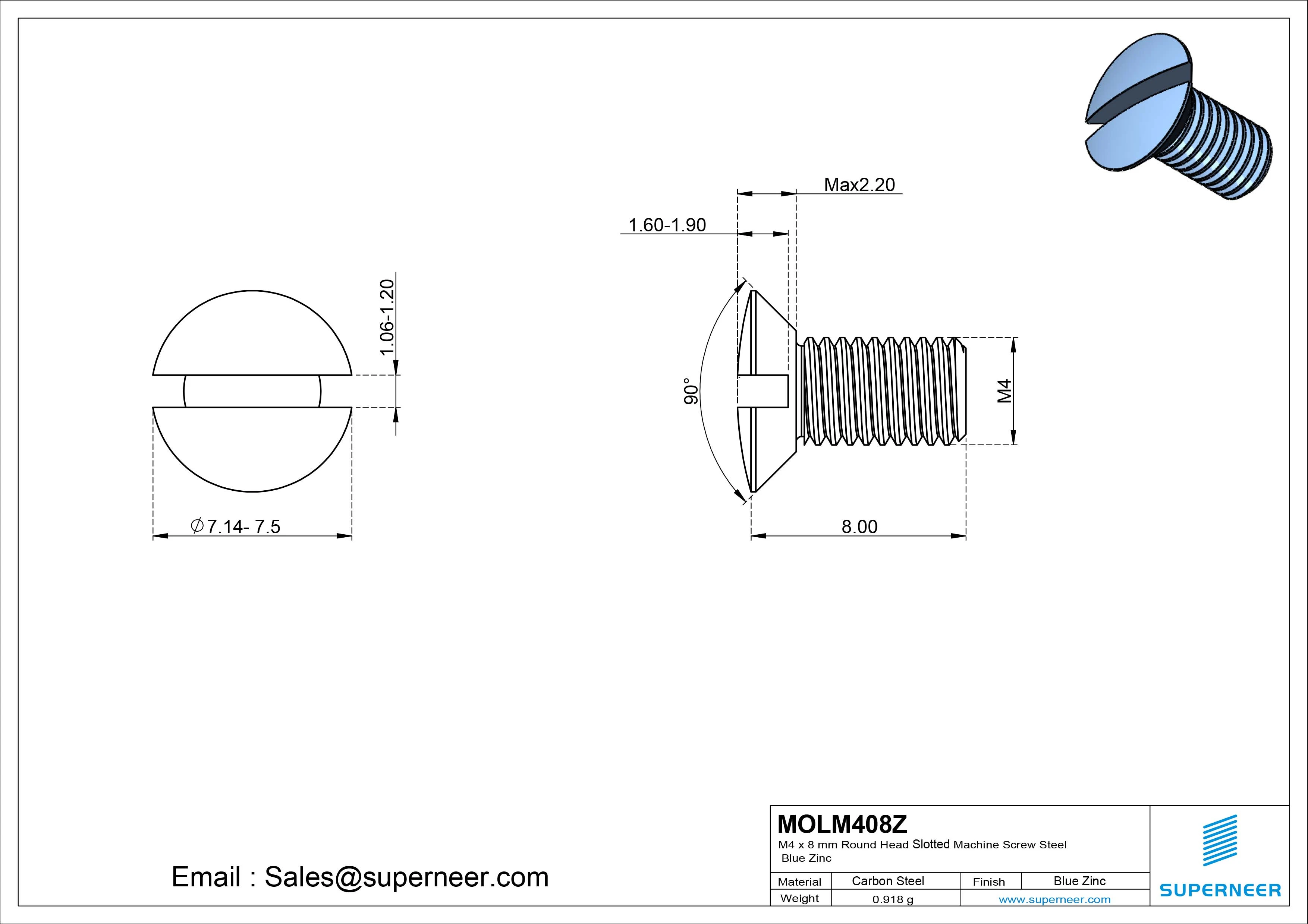 M4 x 8 mm Oval Head Slotted Machine Screw Steel Blue Zinc Plated DIN 964