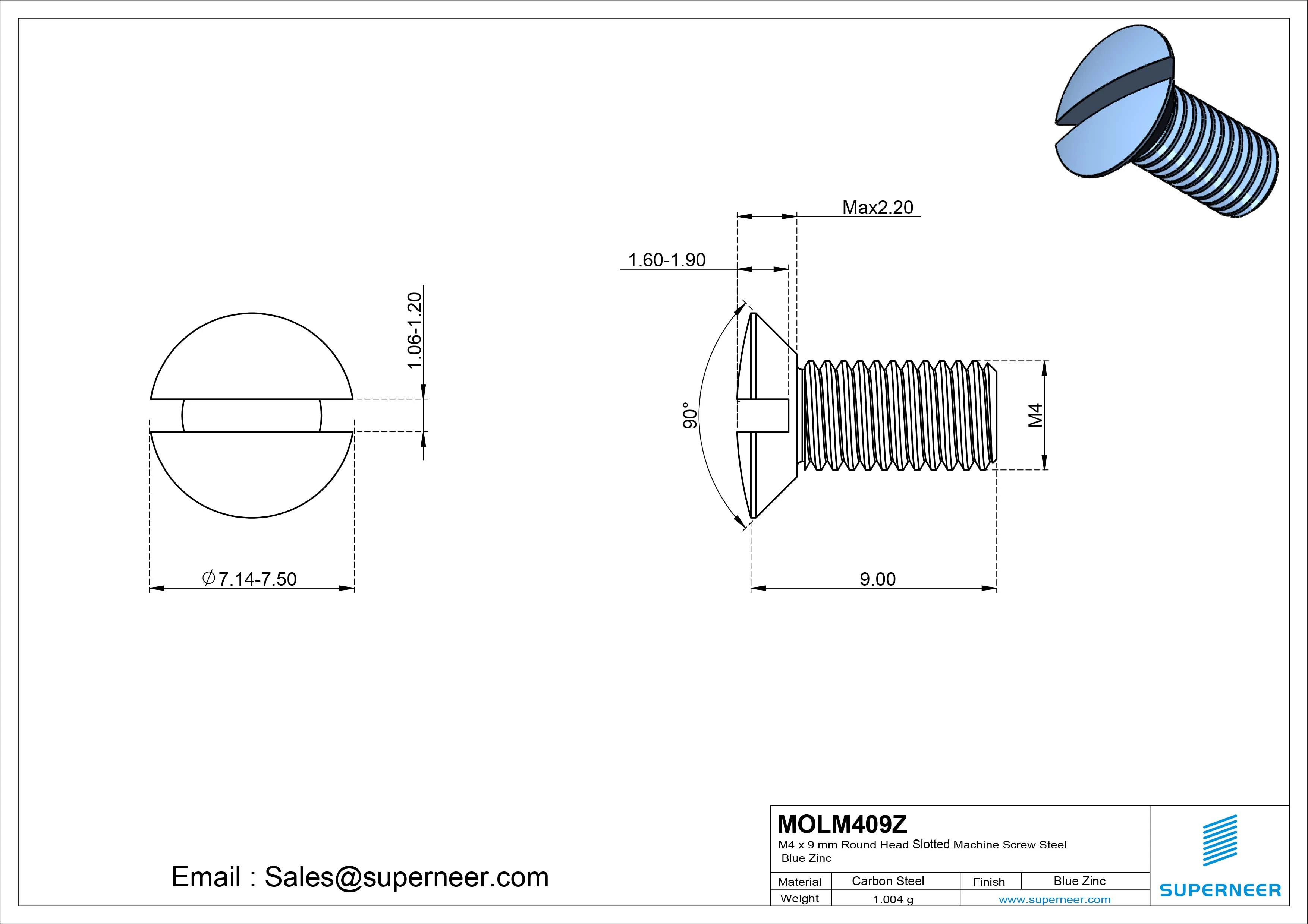 M4 x 9 mm Oval Head Slotted Machine Screw Steel Blue Zinc Plated DIN 964