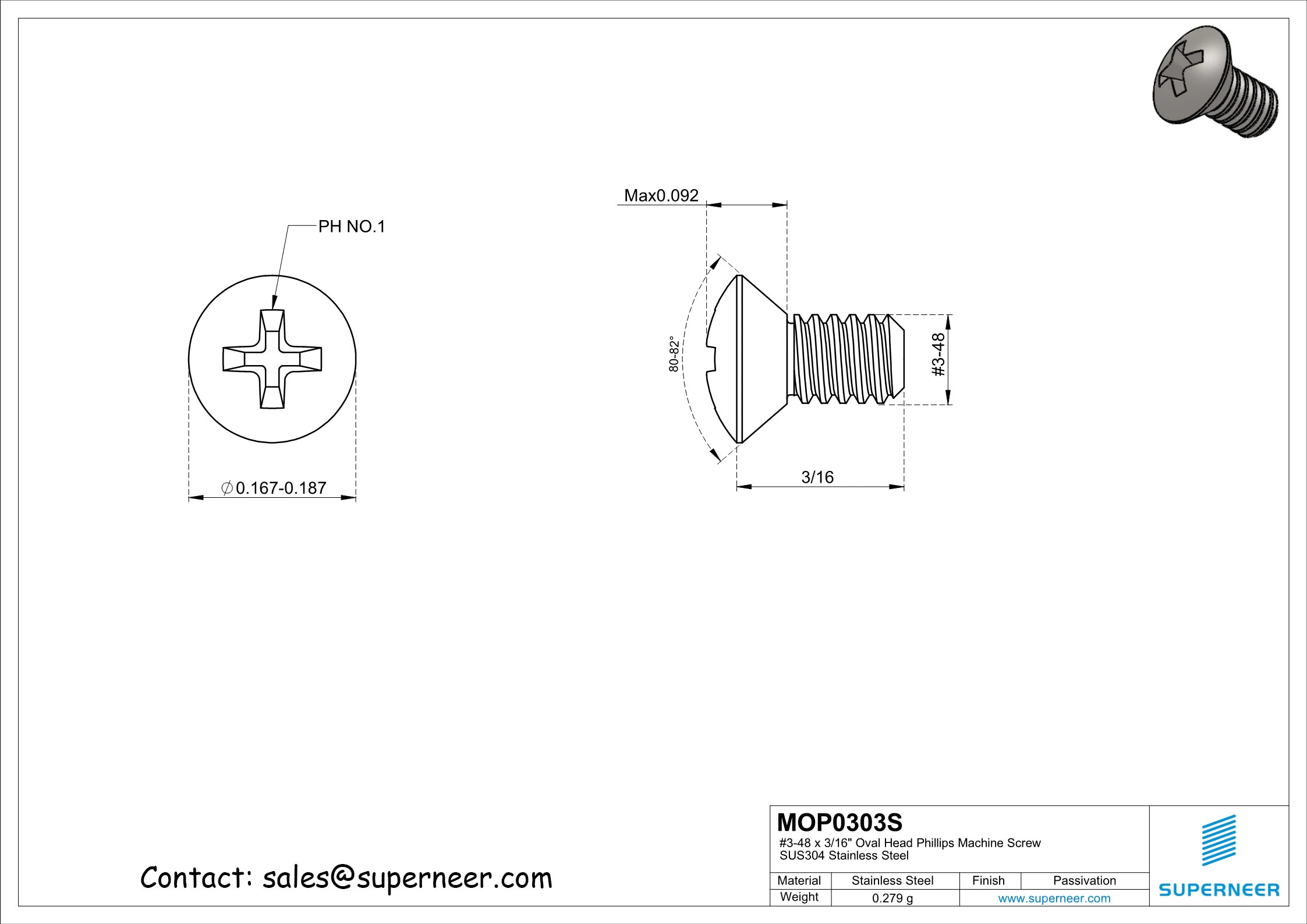 3-48 x 3/16" Oval Head Phillips Machine Screw SUS304 Stainless Steel Inox