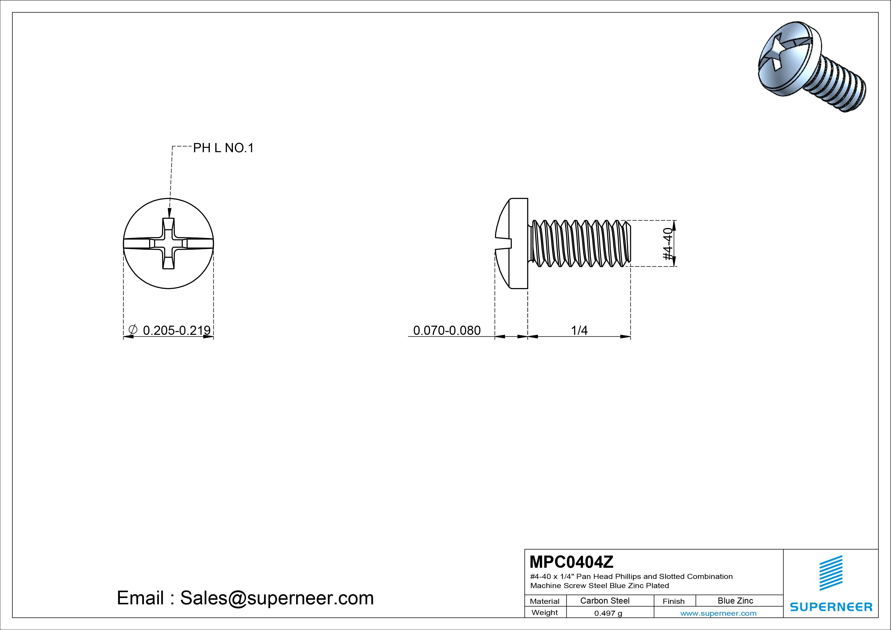 #4-40 x 1/4" Pan Head Phillips and Slotted Combination Machine Screw Steel Blue Zinc Plated