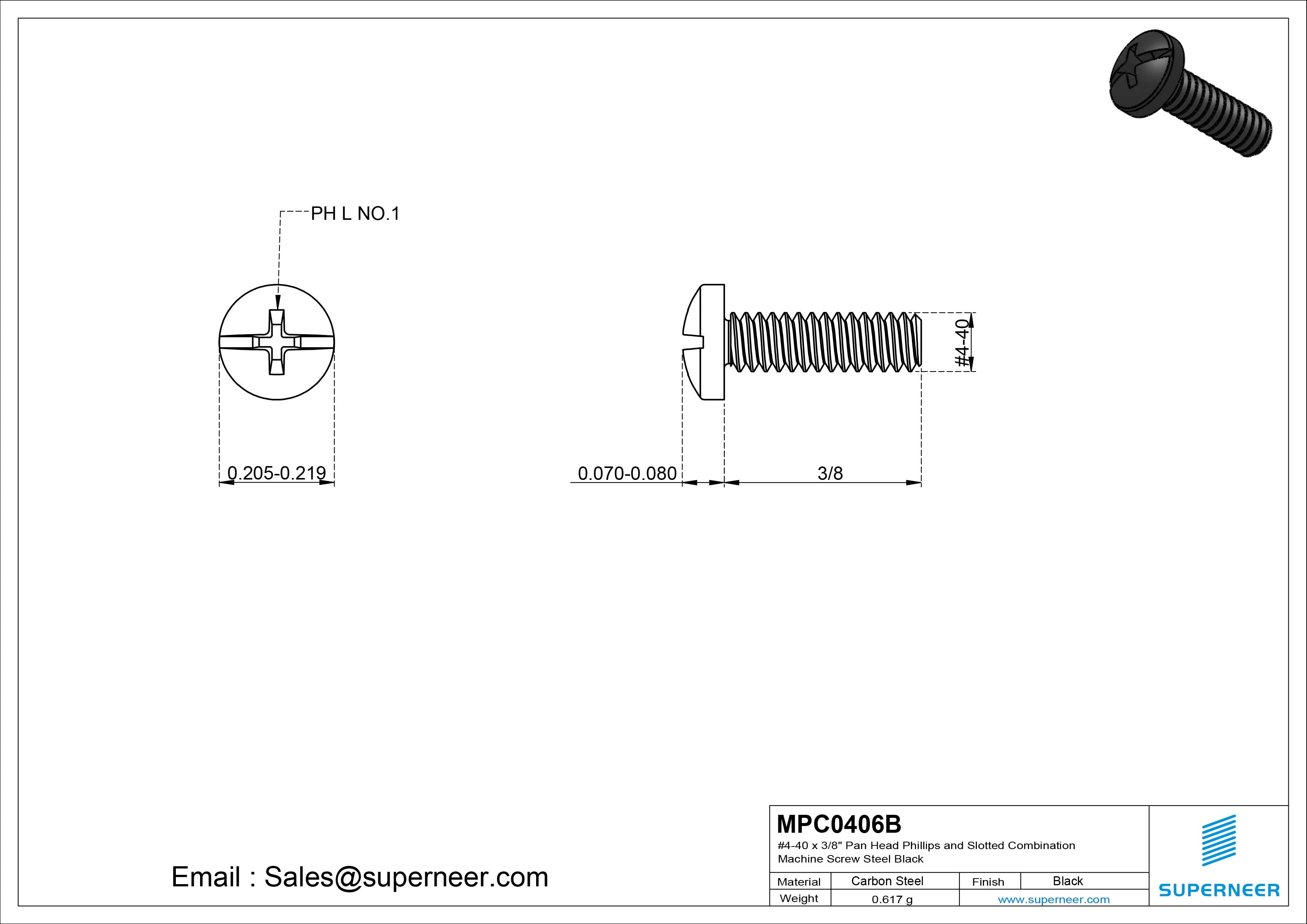 #4-40 x 3/8" Pan Head Phillips and Slotted Combination Machine Screw Steel Black