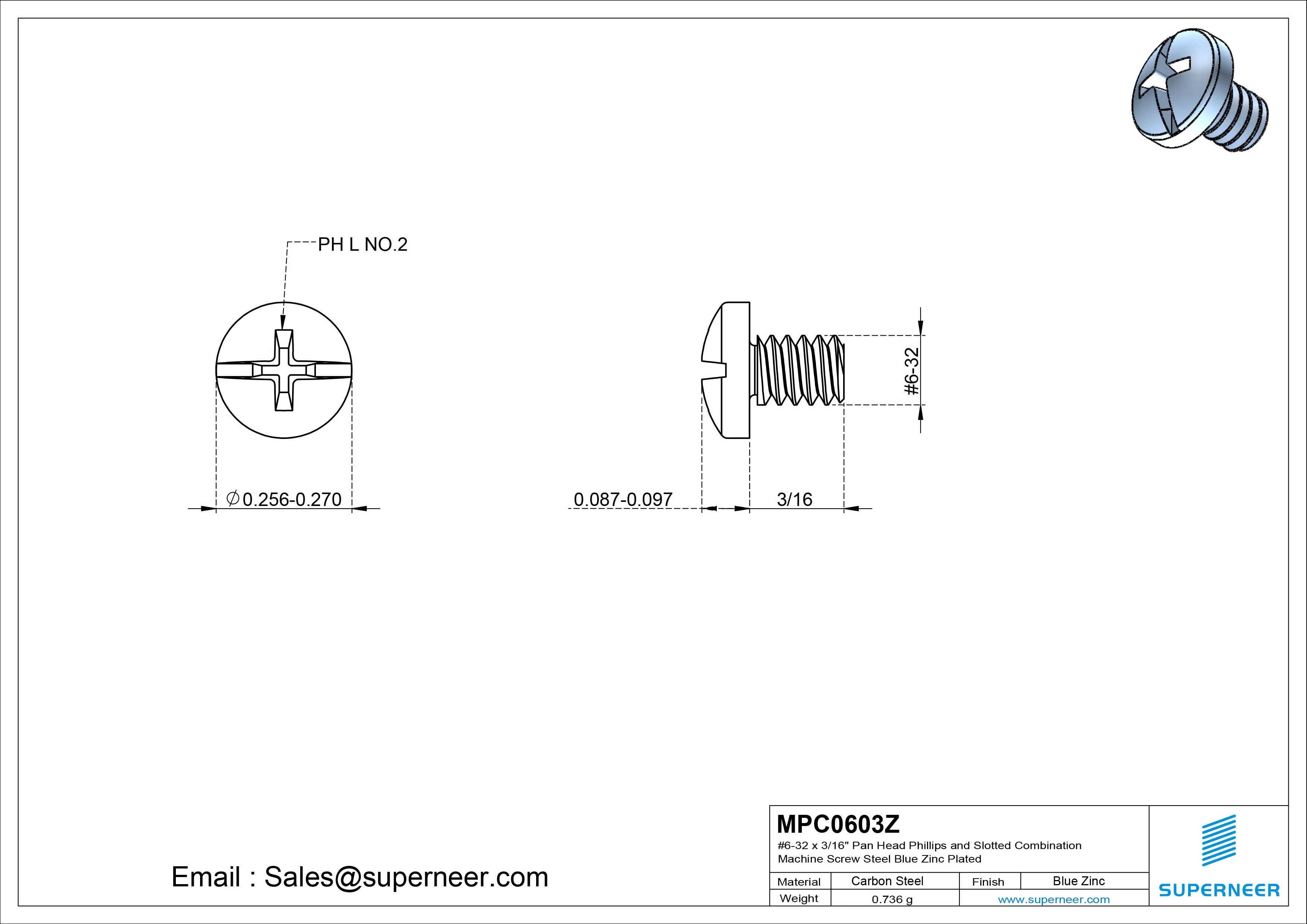 #6-32 x 3/16" Pan Head Phillips and Slotted Combination Machine Screw Steel Blue Zinc Plated