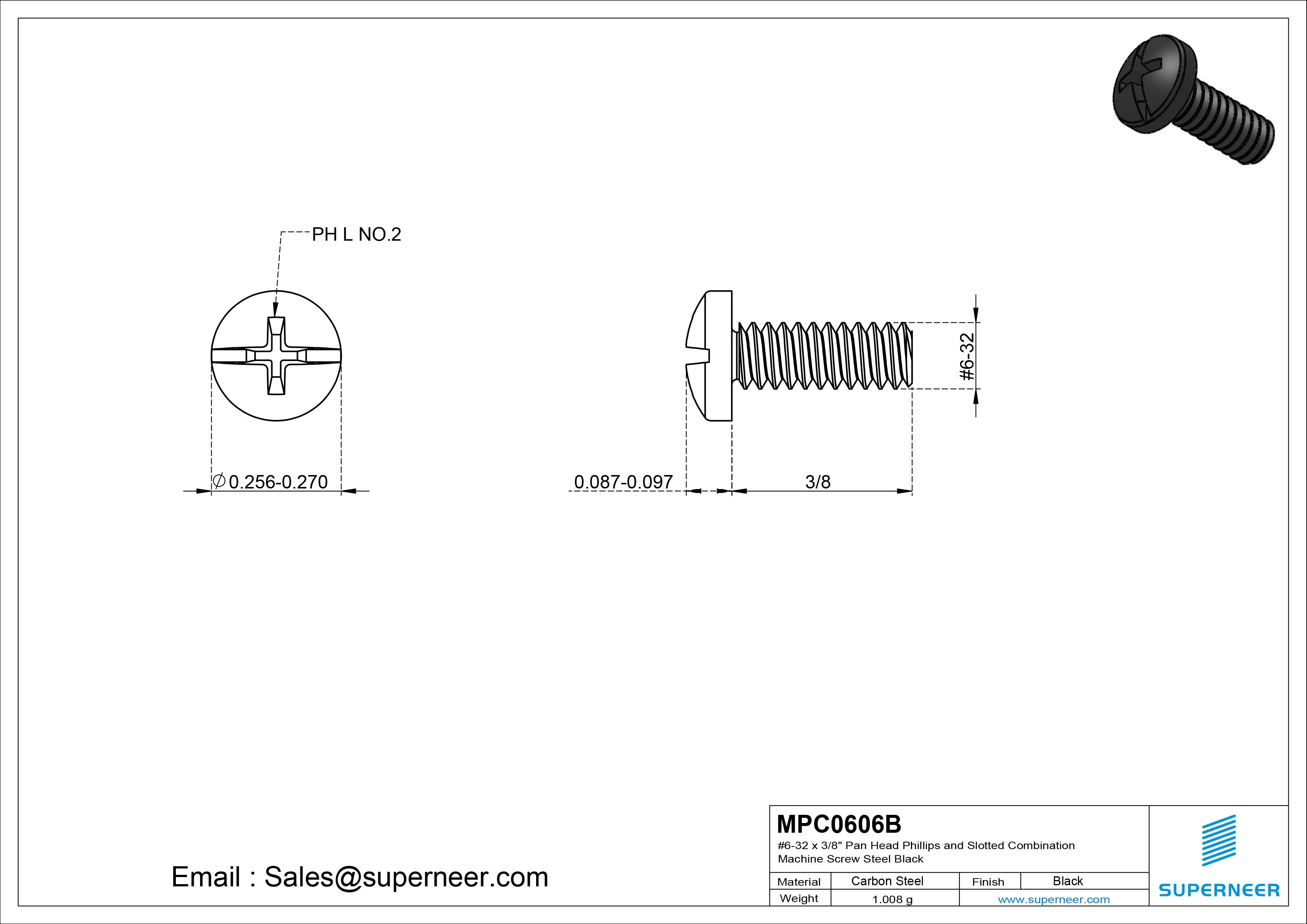 #6-32 x 3/8" Pan Head Phillips and Slotted Combination Machine Screw Steel Black