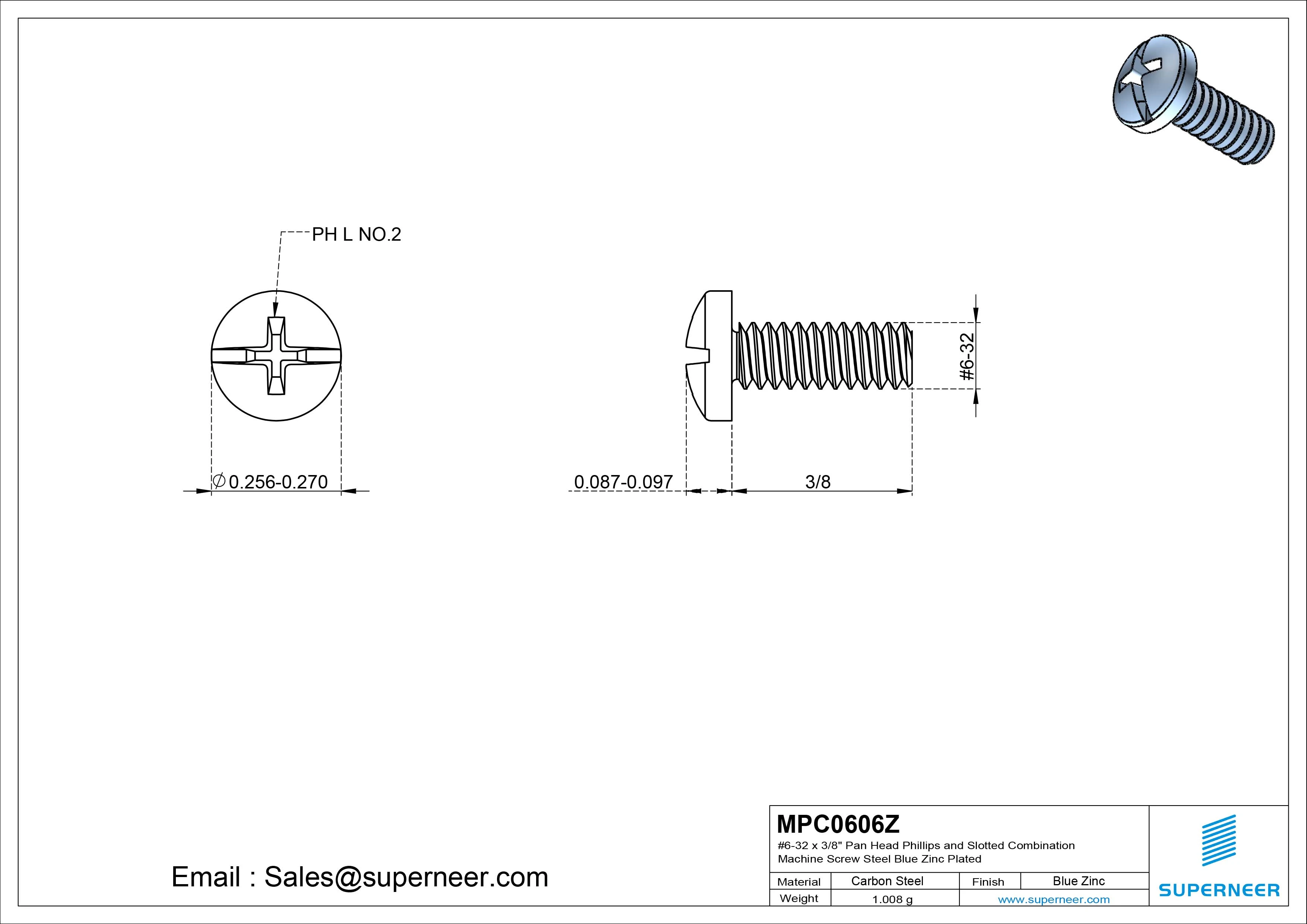 #6-32 x 3/8" Pan Head Phillips and Slotted Combination Machine Screw Steel Blue Zinc Plated