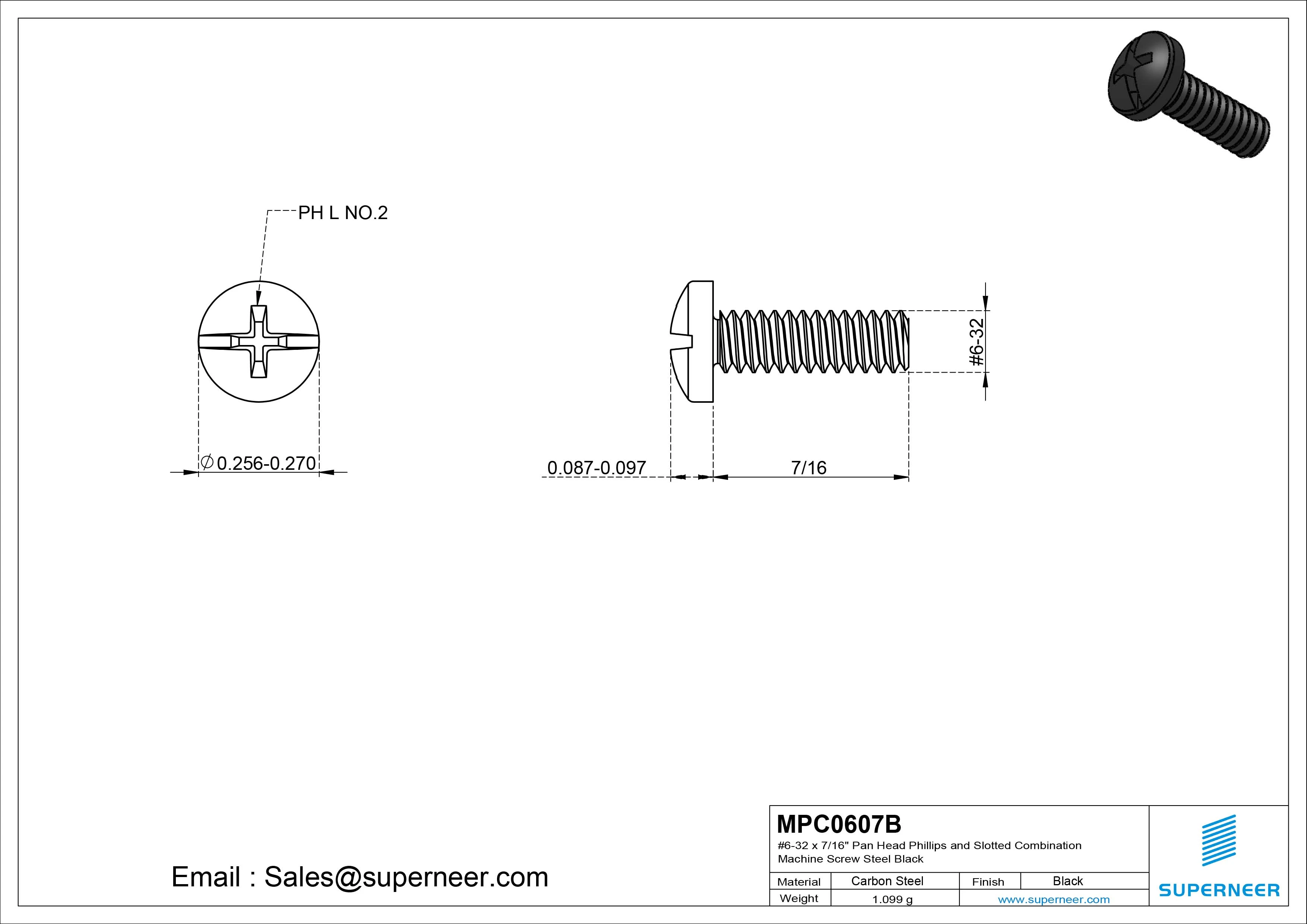 #6-32 x 7/16" Pan Head Phillips and Slotted Combination Machine Screw Steel Black