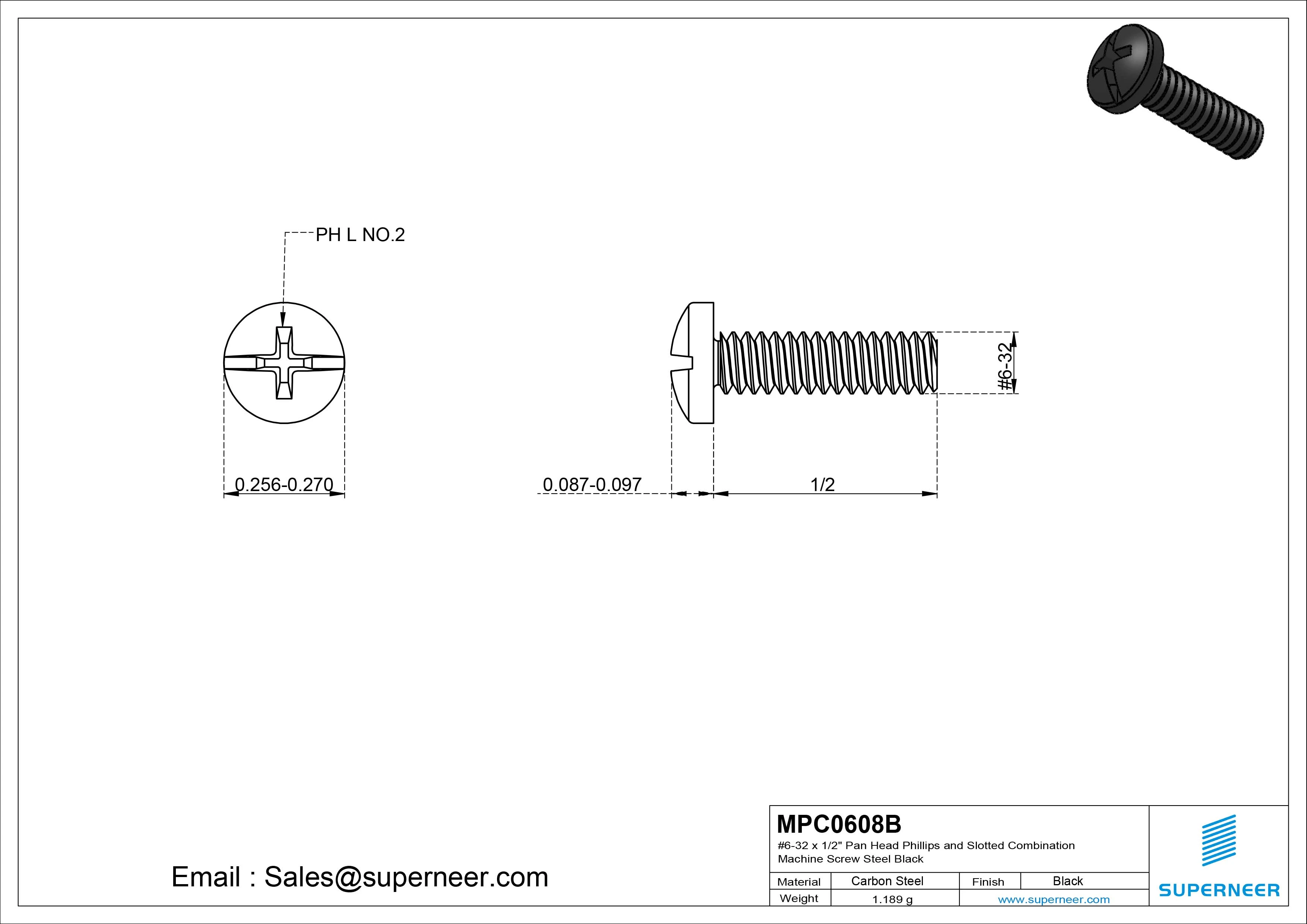#6-32 x 1/2" Pan Head Phillips and Slotted Combination Machine Screw Steel Black